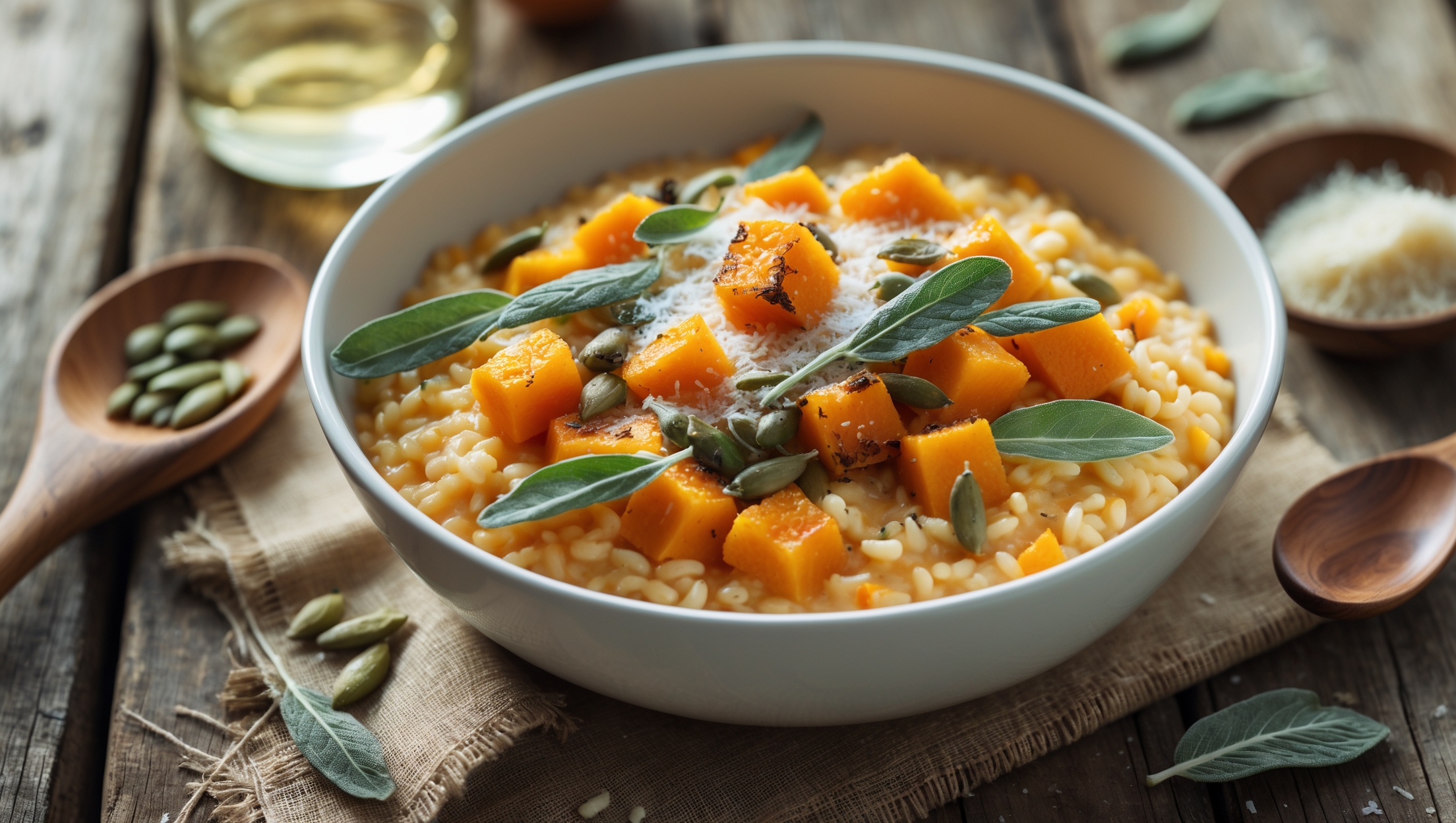 An overhead shot of a shallow white bowl containing golden-orange butternut squash risotto, with natural light creating a warm glow across the creamy surface. The risotto's velvety texture is evident, dotted with vibrant cubes of roasted butternut squash and flecks of fresh sage. A wooden spoon rests alongside, bearing traces of the dish. Freshly grated Parmesan melts slightly on top, while crispy fried sage leaves and toasted pumpkin seeds add contrasting texture. A glass of white wine and a small bowl of additional Parmesan sit slightly blurred in the background, completing this rustic yet elegant composition on a weathered wooden table.