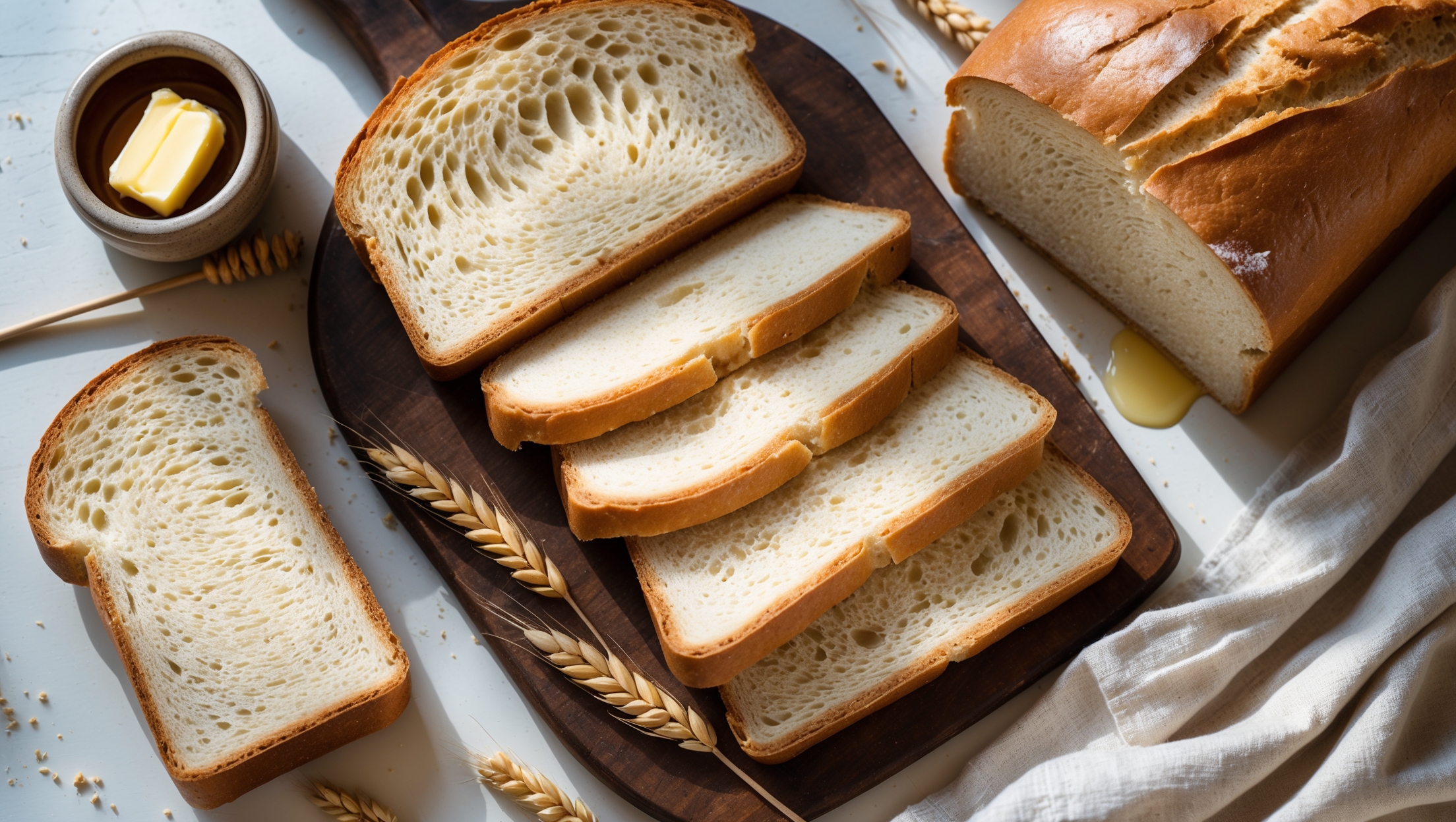 Overhead shot of a perfectly sliced buttermilk sandwich loaf revealing a tight, even crumb structure in soft cream tones. Natural light streams across the scene, highlighting the bread's golden-brown crust with its subtle sheen. Several slices are artfully fanned out on a rustic wooden board beside a vintage butter dish with a pat of melting butter. A small pottery jug of honey and scattered wheat stalks frame the composition, while a linen napkin adds texture. The cross-section view showcases the bread's perfectly uniform texture—ideal for sandwiches—with tiny air pockets throughout the supremely soft interior.
