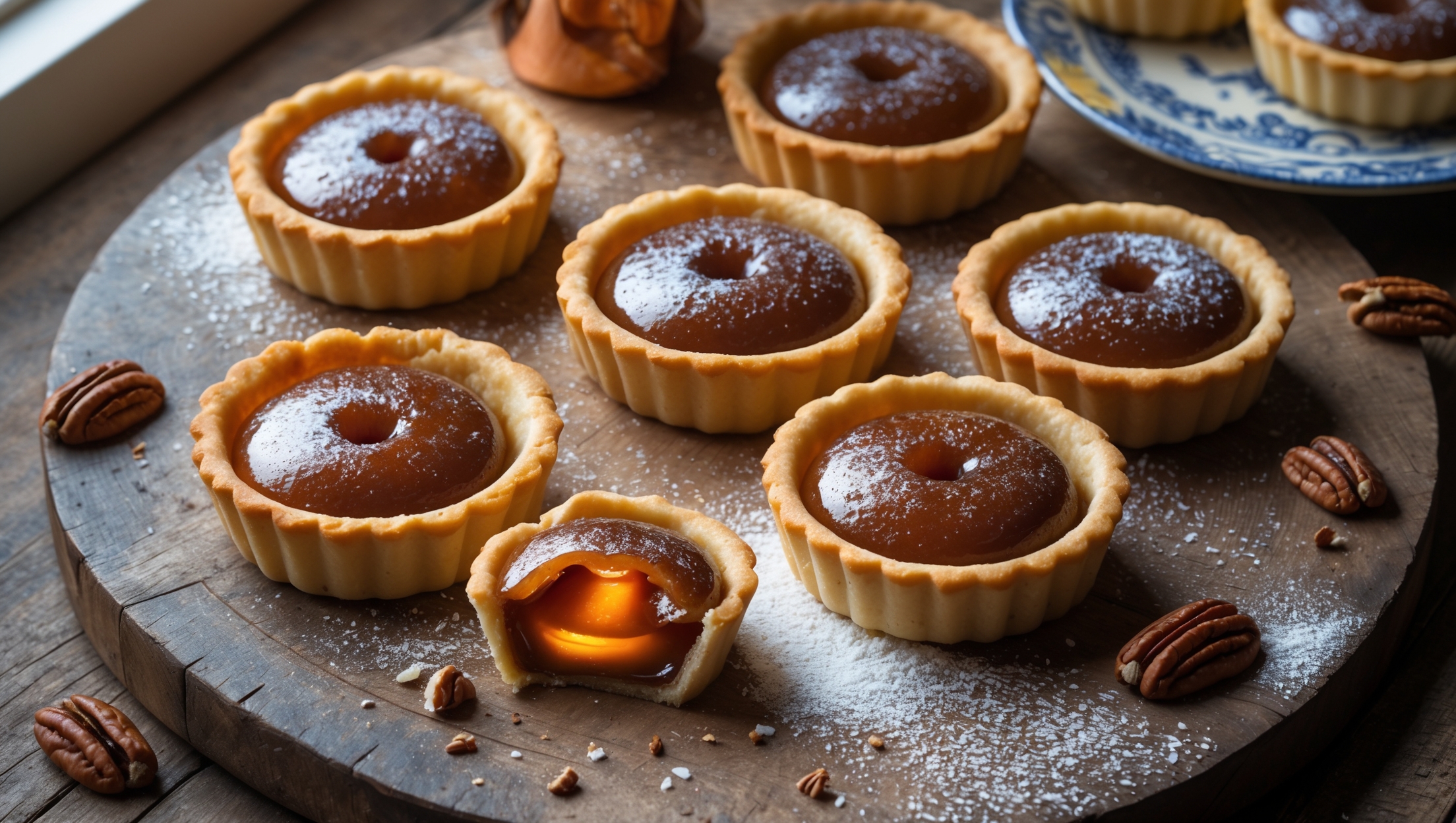 An overhead shot of six golden-brown butter tarts arranged on a weathered wooden serving board, with one tart positioned slightly apart showing its bubbling, amber filling. Soft natural light streams from a side window, highlighting the glossy, caramelized tops and flaky pastry edges. A cross-section view reveals the perfect contrast between the crisp pastry shell and the molten center that gently oozes onto the board. A light dusting of powdered sugar on the darker tarts creates a beautiful contrast, while a vintage blue ceramic plate holds additional tarts in the background. Scattered pecans and a small copper measuring jug of cream complete the rustic Canadian baking scene.