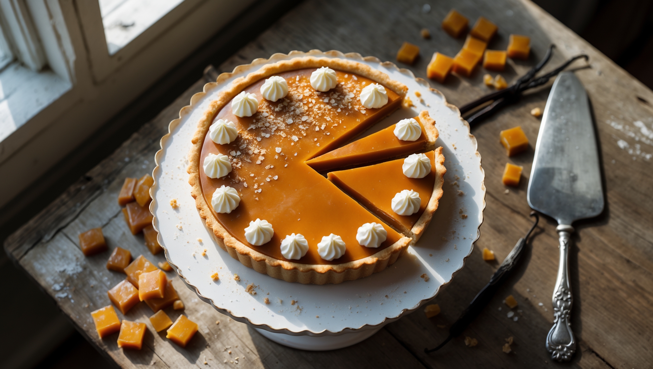 An overhead shot of a perfectly golden butterscotch custard tart sitting on an antique white cake stand, natural light streaming from a nearby window highlighting its glossy amber surface. A clean slice reveals the distinct layers of crisp pastry and silky butterscotch filling. The tart is garnished with a light dusting of sea salt crystals that catch the light and tiny dollops of freshly whipped cream around the edges. In the background, a scattered arrangement of caramelized sugar pieces, vanilla pods, and a vintage silver serving knife on a weathered wooden table adds rustic elegance to the composition.