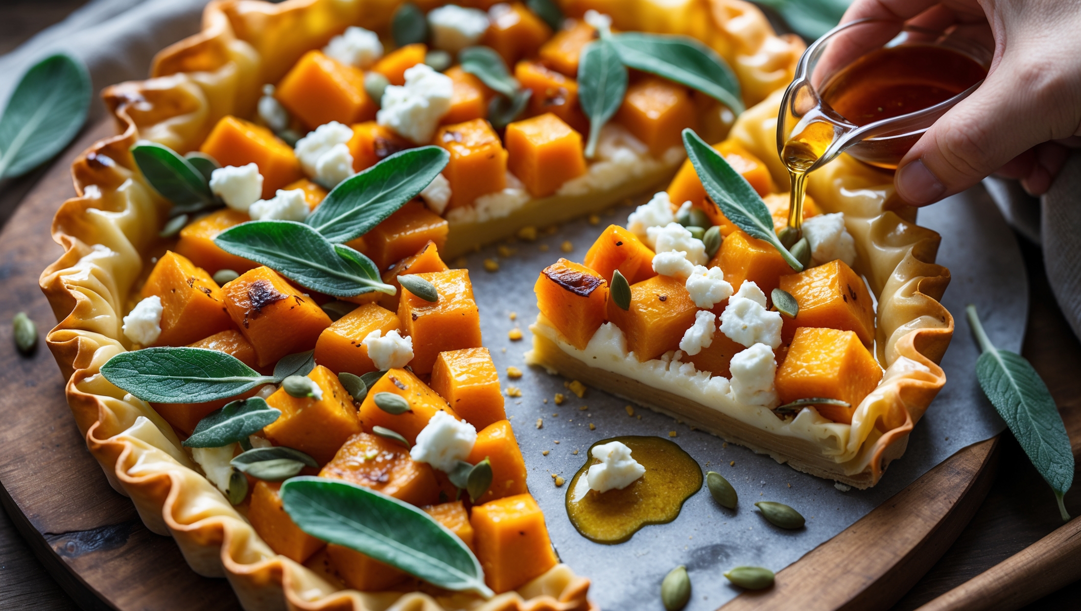 An overhead shot of the golden-brown Butternut Squash and Sage Phyllo Tart, its ruffled edges perfectly crimped and glistening with olive oil. Soft natural light highlights the contrast between the flaky, shatteringly crisp phyllo layers and the vibrant orange squash filling marbled with specks of emerald sage. A cross-section reveals the tender roasted butternut cubes nestled among creamy custard, with crumbles of white feta providing beautiful contrast. Scattered sage leaves and pumpkin seeds decorate the surface, while a wooden serving board and linen napkin create a warm, autumnal atmosphere. A small drizzle of honey catches the light as it's being poured over a slice being lifted from the tart.