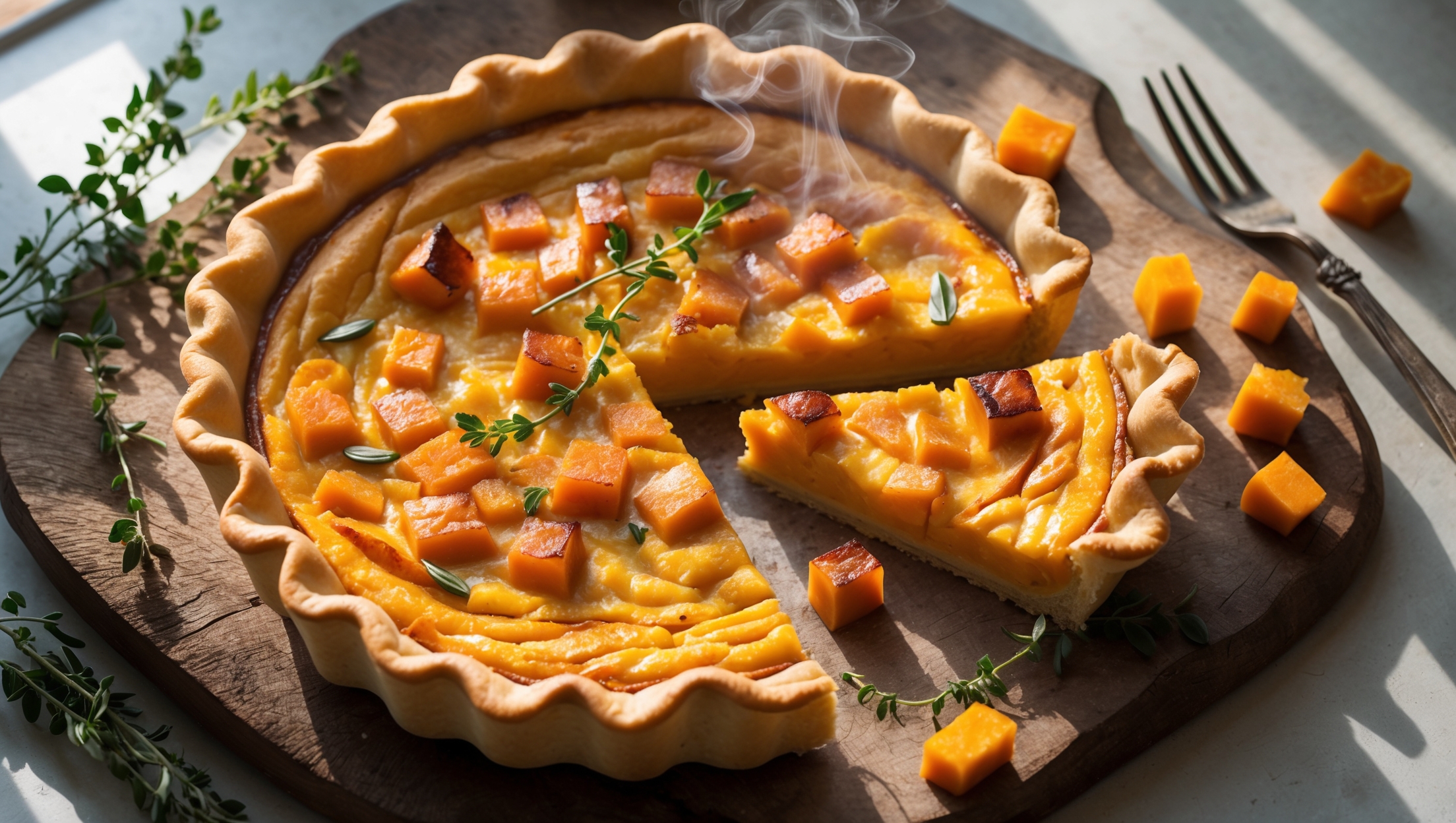 An overhead shot of a golden-brown quiche with a perfectly crimped edge, showcasing the vibrant orange butternut filling marbled with melted Gruyère cheese. A cross-section view reveals the silky custard texture studded with roasted squash cubes. The quiche sits on a rustic wooden serving board, garnished with fresh thyme sprigs and a few scattered butternut cubes. The natural window light casts gentle shadows highlighting the flaky pastry layers, while a vintage fork rests beside a slice, ready to be enjoyed. Steam gently rises from the warm slice, emphasizing the comforting, aromatic nature of this seasonal dish.