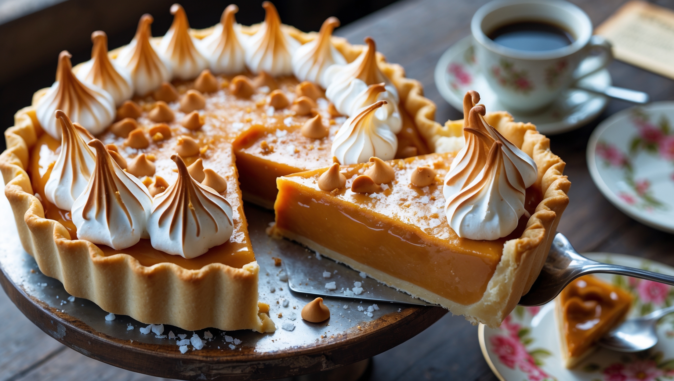 An overhead shot of a golden butterscotch pie with a slice being lifted to reveal the luscious amber filling that gently cascades onto a vintage floral plate. The pie sits on a rustic wooden cake stand, bathed in soft natural window light that highlights the delicate peaks of toasted meringue with their caramelized golden tips. The flaky, buttery crust shows perfect crimping around the edges, while scattered butterscotch chips and a light dusting of sea salt crystals add texture and dimension. In the background, a steaming cup of coffee and a worn recipe card create a warm, inviting atmosphere that emphasizes the homemade comfort of this classic dessert.