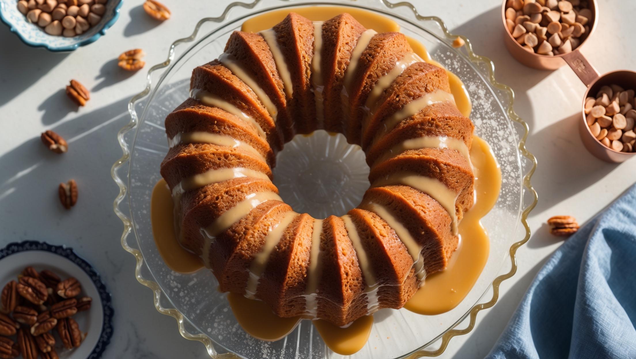 An overhead shot of a golden-brown butterscotch bundt cake on a vintage milk glass cake stand, with warm afternoon light highlighting its perfect ridges and valleys. The glossy butterscotch glaze drips artfully down the sides, pooling slightly at the base. A cross-section view reveals the cake's tender, moist crumb with tiny pockets of butterscotch chips scattered throughout. The scene is styled with scattered pecans, a small copper measuring cup filled with butterscotch chips, and a blue linen napkin adding color contrast. A dusting of powdered sugar creates delicate highlights on the cake's curves, emphasizing its architectural beauty.