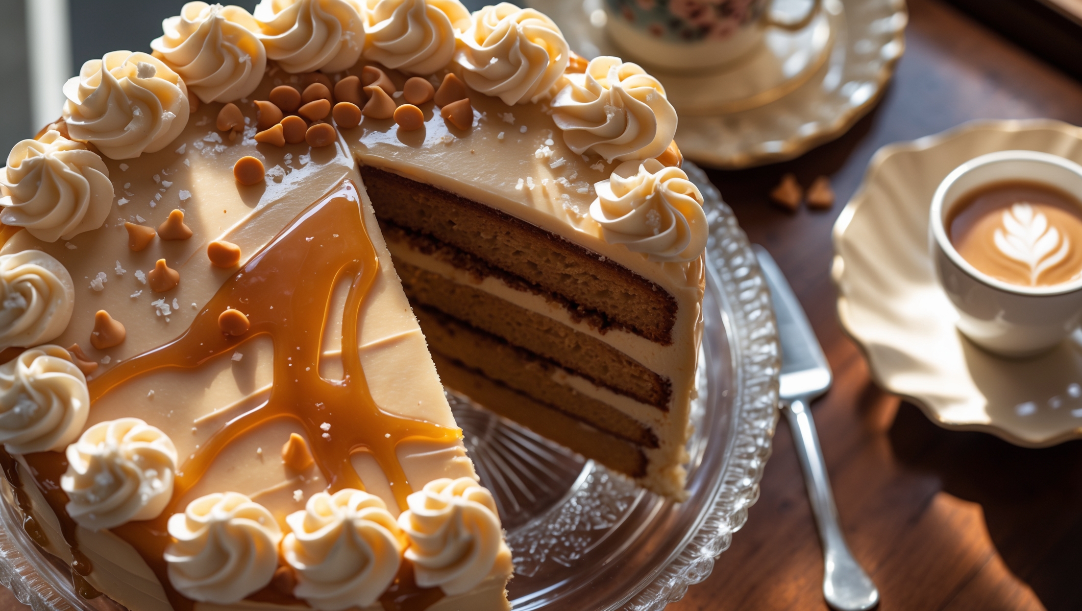Overhead shot of a three-layer butterscotch cake on a vintage milk glass cake stand, natural light highlighting the amber-toned frosting with caramel drizzle cascading down the sides. A cross-section shows moist, golden-brown cake layers separated by creamy butterscotch filling. Decorative swirls of frosting crown the top with scattered butterscotch chips and a sprinkle of flaky sea salt catching the light. The warm tones of the cake contrast beautifully with the cream-colored ceramic cake server placed alongside, while a cup of coffee in a copper mug suggests the perfect pairing.