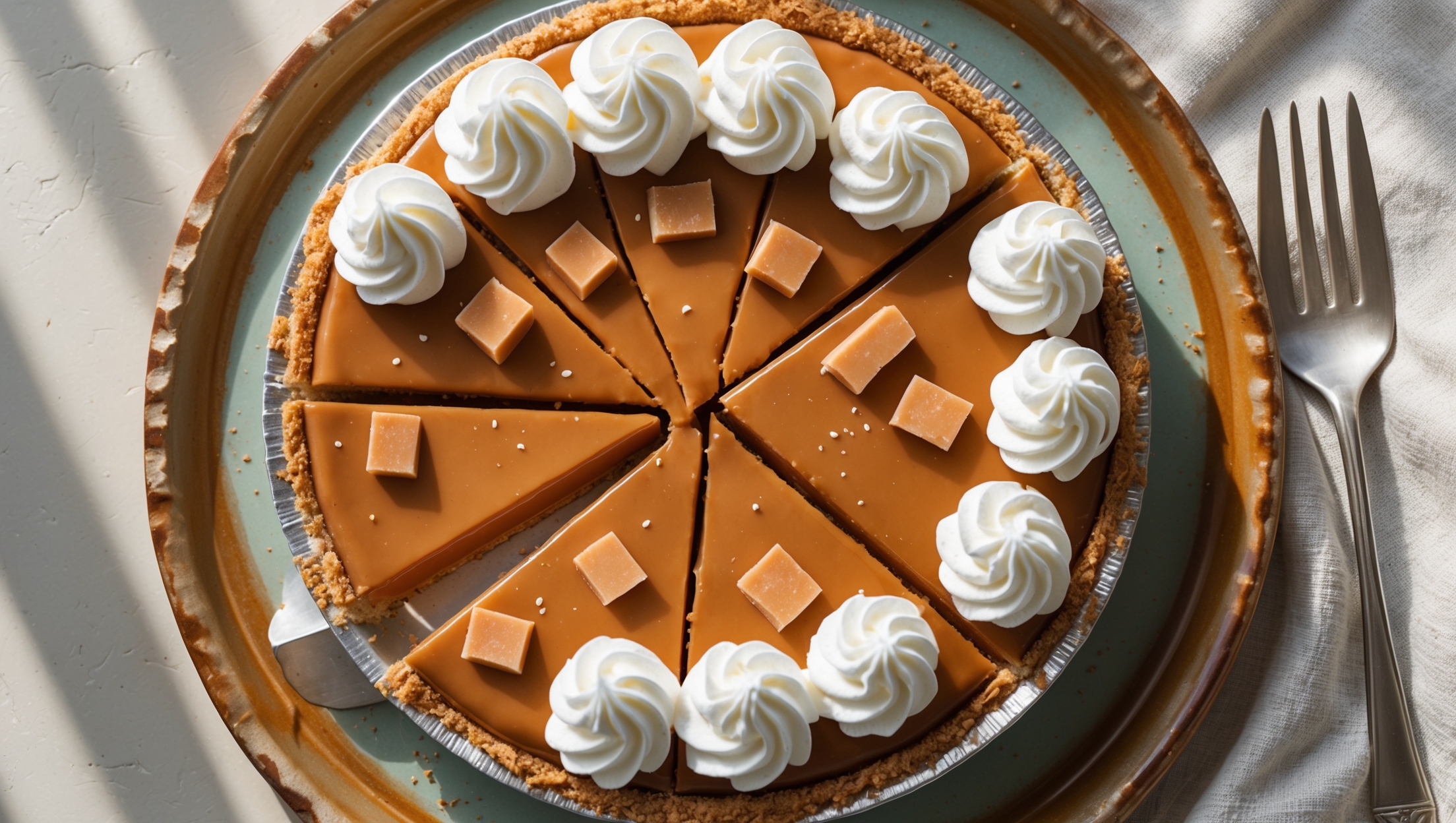 An overhead shot of a perfectly sliced butterscotch cream pie revealing its amber-colored filling beneath a crown of softly piped whipped cream. Natural window light catches the glossy butterscotch surface while highlighting delicate shards of homemade butterscotch candy scattered across the top. The pie sits on a vintage ceramic plate against a neutral linen backdrop, with a silver dessert fork resting nearby. The golden-brown crust provides a beautiful contrast to the velvety filling, with tiny specks of vanilla bean visible in both the filling and whipped cream topping.
