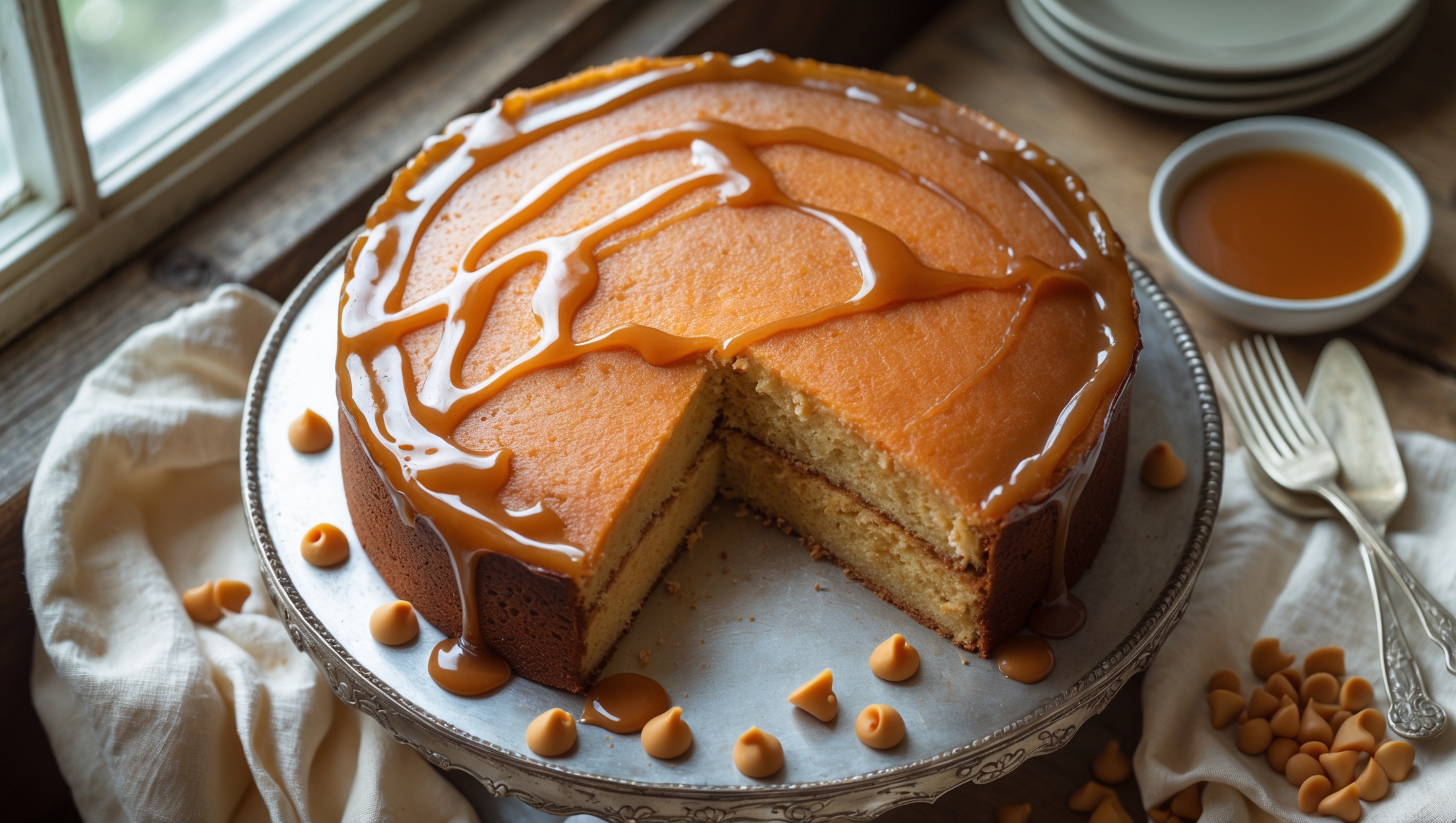 An overhead shot of the butterscotch sheet cake displayed on a vintage cake stand with a soft natural light streaming from a nearby window. The cake's golden-brown surface glistens with the butterscotch glaze that pools slightly at the edges. A slice has been removed, revealing the cake's tender, moist crumb with a warm amber hue. Scattered around the base are caramel-colored butterscotch chips and a small bowl of butterscotch sauce. The scene is completed with a few antique forks on cream-colored linen napkins, creating a cozy, inviting tableau that highlights the cake's rustic elegance and homestyle appeal.