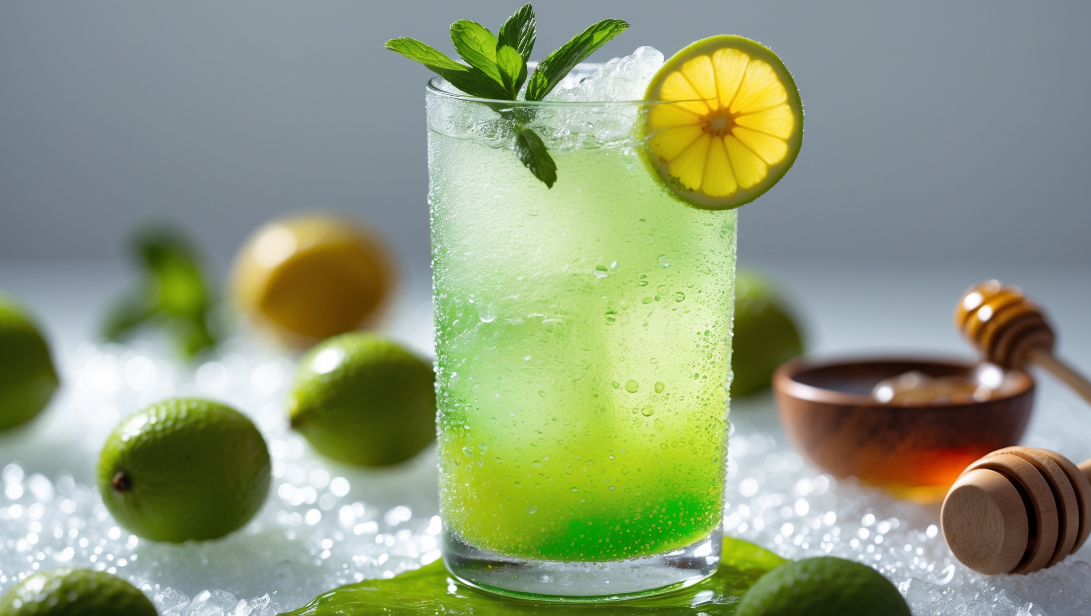 A tall highball glass filled with crushed ice and a vibrant yellow-green calamansi cooler mocktail, captured in bright natural daylight. The glass shows beautiful condensation droplets running down its sides, highlighting the drink's refreshing nature. A thin slice of calamansi fruit floats on top, surrounded by small bubbles from the sparkling water. Sprigs of fresh mint peek out dramatically, creating a striking color contrast against the citrus drink. The background features scattered whole calamansi fruits and a small wooden bowl of honey, with a honey dipper resting beside it. The drink's layered appearance shows the green-yellow hues of the calamansi juice gradually blending with the sparkling water.