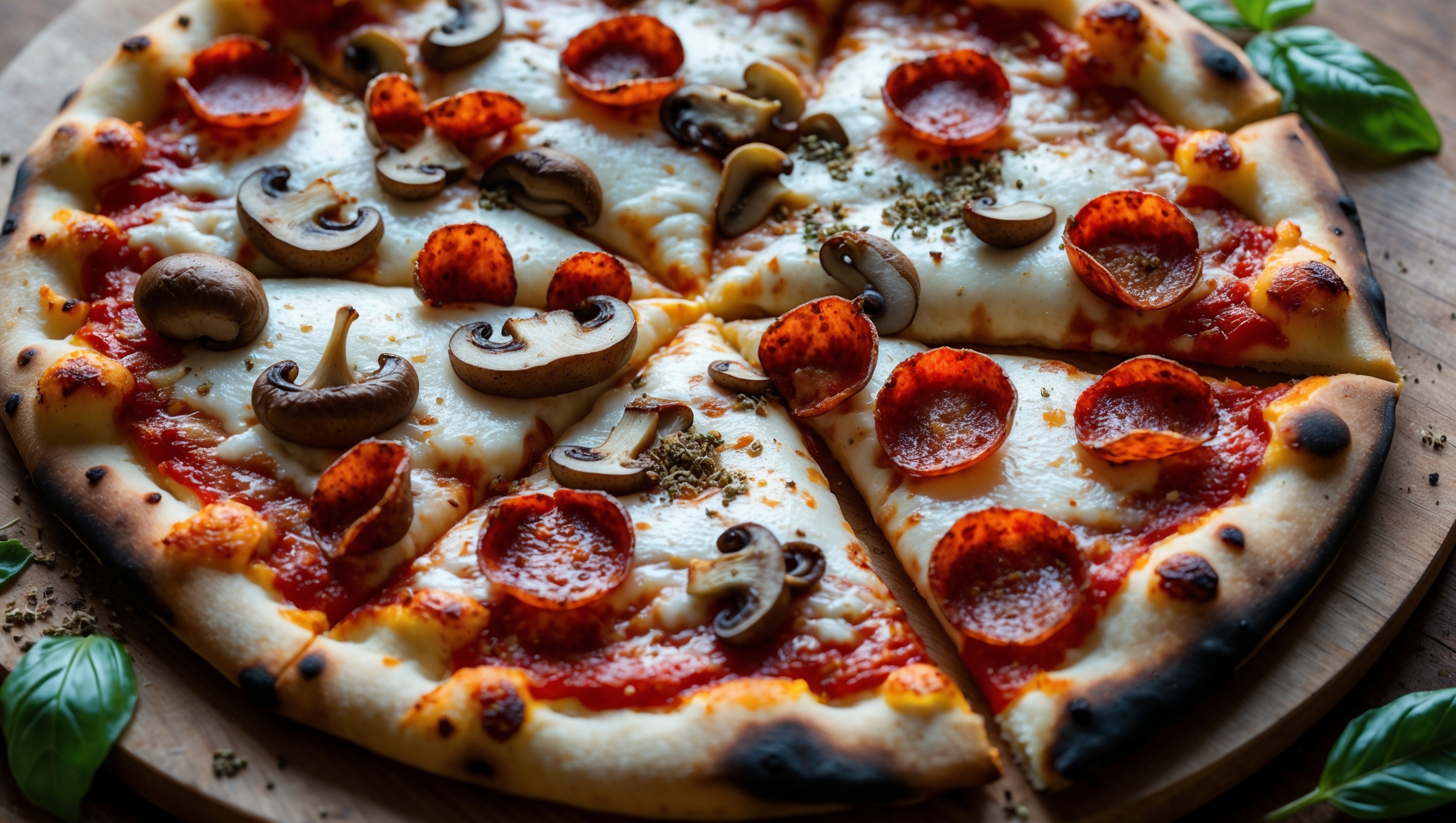 An overhead shot of a perfectly baked Canadian pizza with a golden-brown crust and beautifully charred edges. The tomato sauce peeks through beneath a blanket of melted mozzarella cheese, dotted with curled-up pepperoni discs that have crisped at the edges, sliced mushrooms that have released their juices into the cheese, and crispy bacon pieces adding textural contrast. A cross-section view reveals the airy, chewy crust structure. The pizza sits on a rustic wooden board in warm, natural lighting that highlights the glistening cheese and caramelized toppings. Fresh basil leaves are scattered around as garnish, with a light dusting of dried oregano visible across the surface.