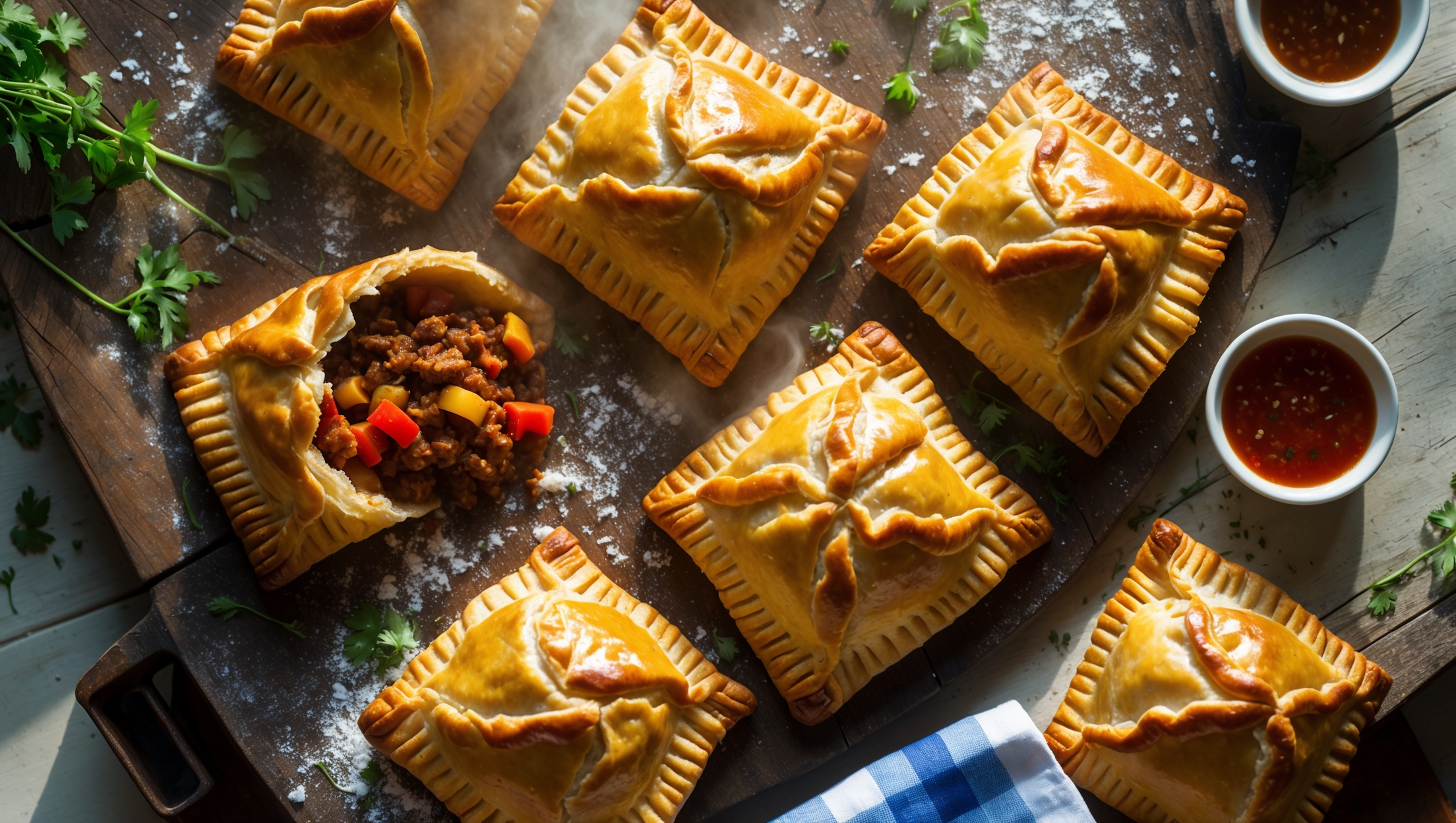 An overhead shot of golden-brown Cajun hand pies arranged on a weathered wooden serving board, with one pie broken open to reveal the vibrant filling inside. Soft natural light streams across the scene, highlighting the flaky layers of the buttery pastry and the rich, spiced meat mixture studded with colorful bell peppers and onions. Scattered around the board are fresh herbs, a small bowl of hot sauce, and a checkered napkin, while a light dusting of flour adds rustic charm to the composition. The steam rising from the freshly baked pies carries the aromatic blend of Cajun spices, creating a tantalizing visual that captures their hearty, Southern comfort food appeal.