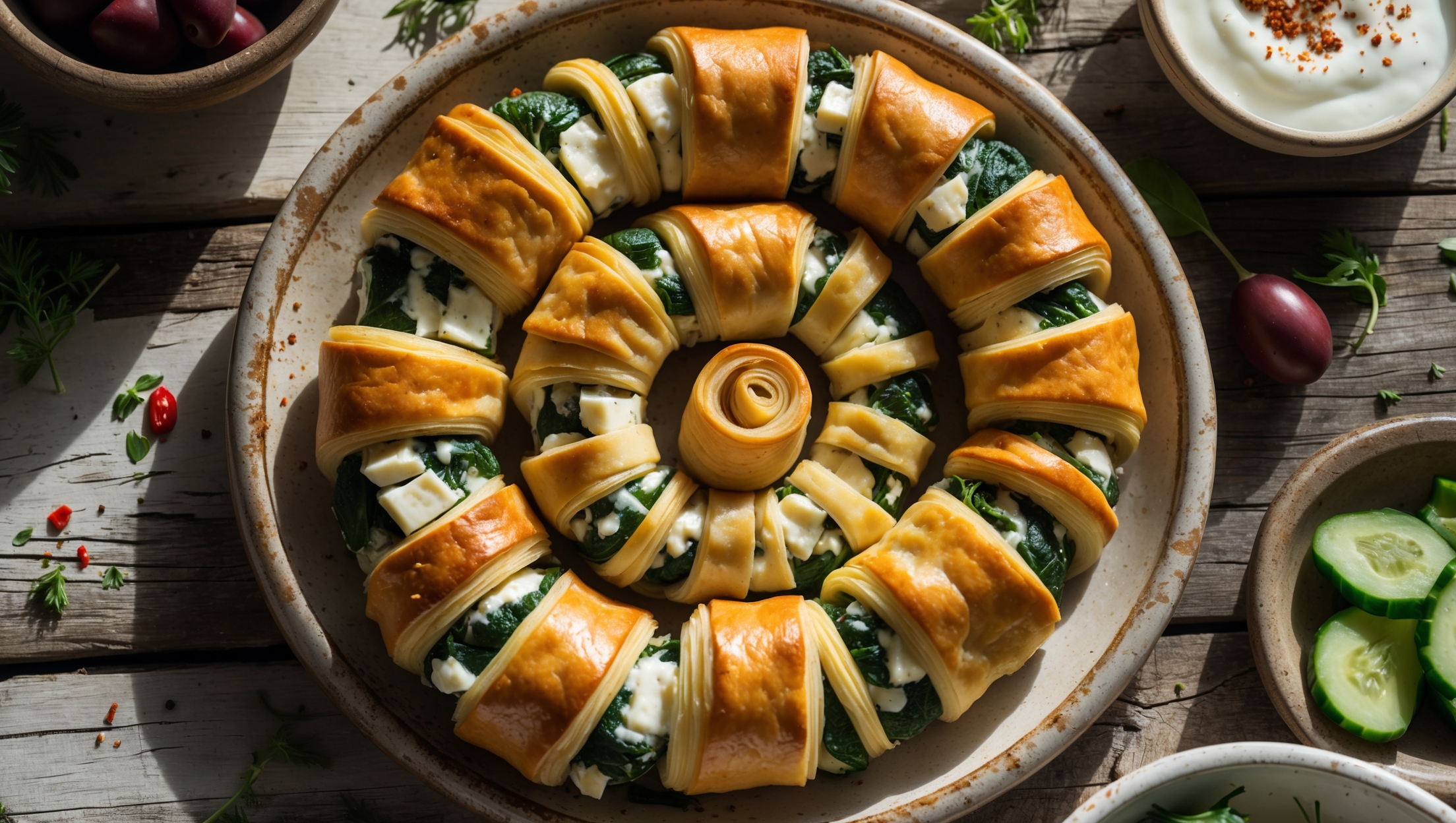 An overhead shot of golden-brown börek slices arranged in a spiral pattern on a rustic ceramic plate, revealing the vibrant green spinach and white feta filling peeking through the flaky layers. Soft natural light streams across the scene, highlighting the glistening buttery sheen of the pastry and the visible multiple layers. A small bowl of yogurt sits alongside, with scattered fresh herbs and a light dusting of red pepper flakes adding color contrast. The composition includes a weathered wooden table with small dishes of olives and sliced cucumbers, evoking an authentic Turkish spread ready for sharing.