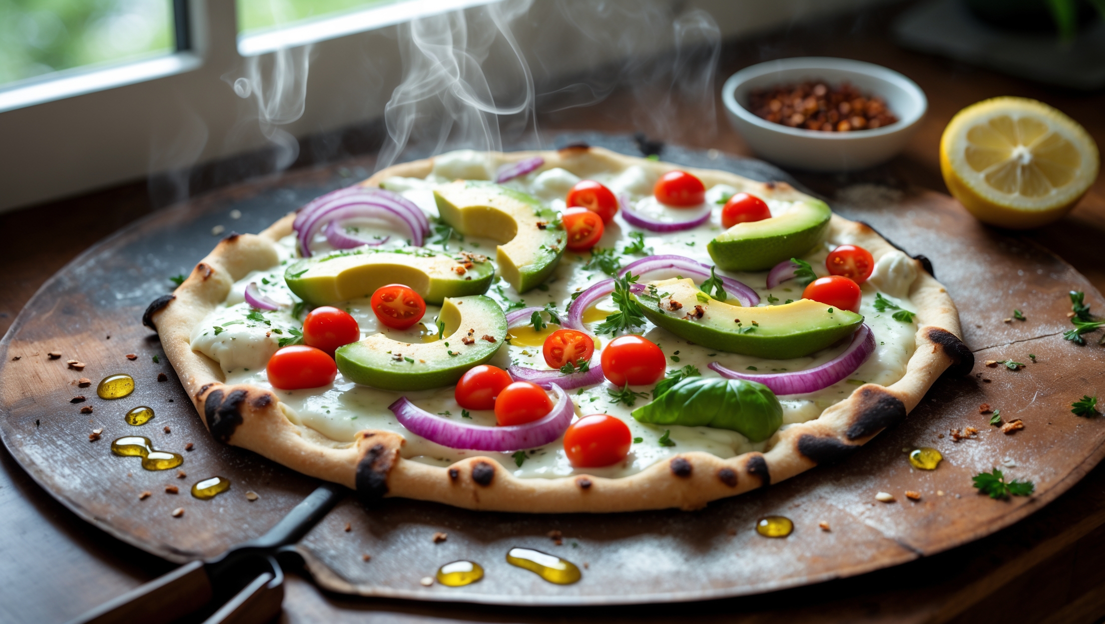 An overhead shot of the California-Style Pizza on a rustic wooden pizza peel, showcasing its thin, golden-brown crust with slightly charred edges. The toppings create a vibrant mosaic of colors - bright green avocado slices, red cherry tomatoes, and purple red onions against a light base of creamy white sauce. Bathed in soft natural light streaming through a kitchen window, the image captures wisps of steam rising from the just-baked pizza, with scattered fresh herbs and a drizzle of olive oil adding glossy highlights. In the background, a small bowl of crushed red pepper flakes and a half-cut lemon suggest serving recommendations.