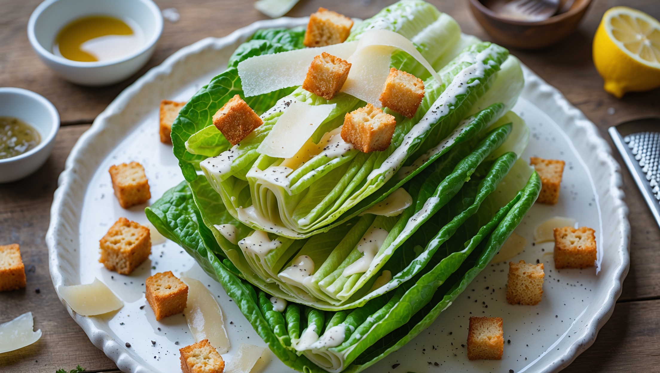 Captured in bright natural light, this overhead shot showcases a white ceramic serving platter with crisp romaine hearts arranged in a casual stack, glistening with Caesar dressing. The vibrant green lettuce contrasts beautifully with golden-brown homemade garlic croutons scattered throughout, while large curls of freshly shaved Parmesan rest atop the arrangement. A cross-section reveals perfectly coated leaves and the distinctive creamy, speckled dressing clinging to each piece. In the background, a rustic wooden table holds small bowls of extra dressing and anchovies, with a halved lemon and microplane grater suggesting the fresh preparation. The image captures the texture of the crunchy lettuce and the glossy, emulsified dressing with specks of black pepper visible.
