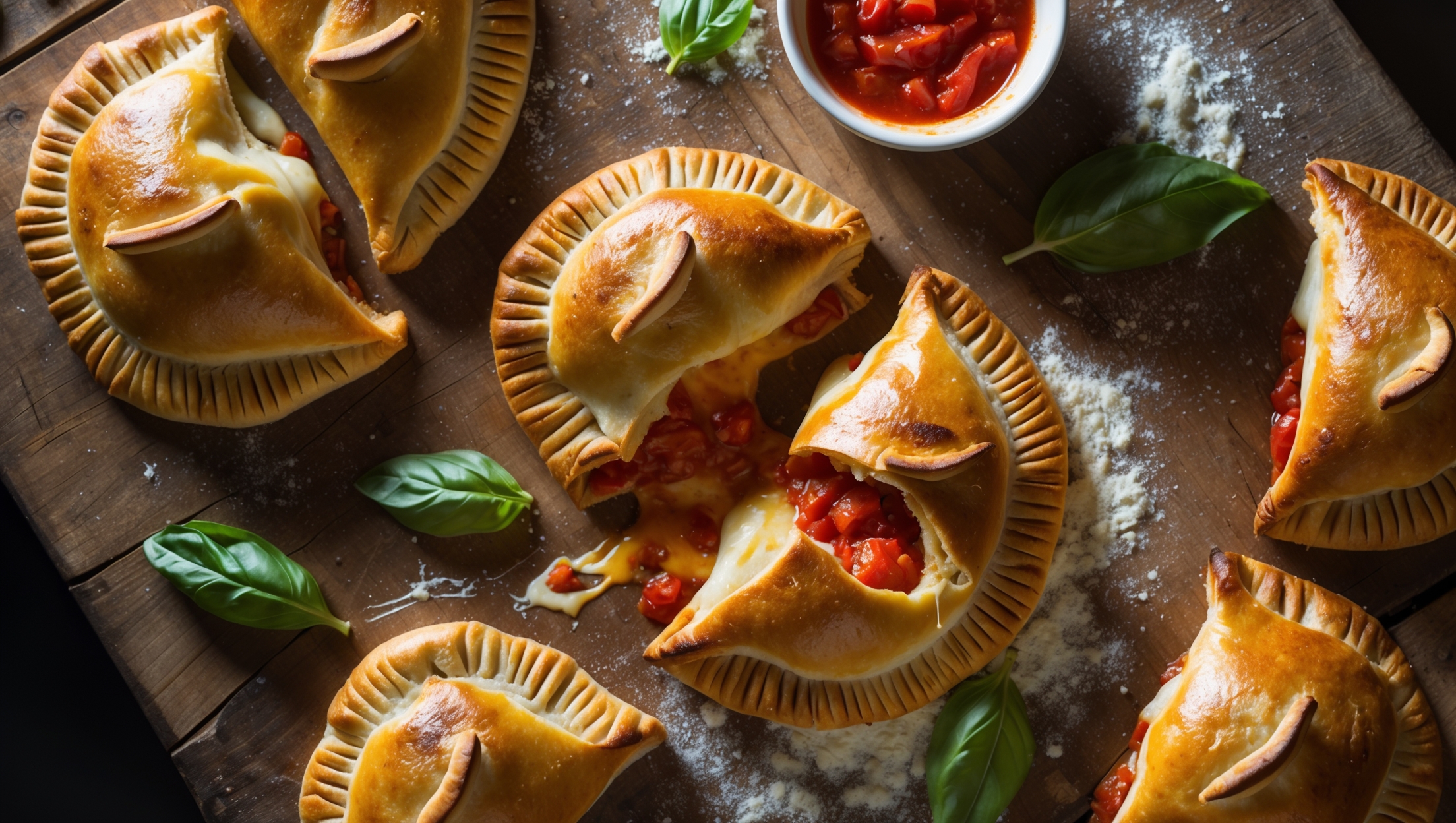 An overhead shot of golden-brown calzone-style hand pies arranged on a rustic wooden board, with one pie broken open to reveal the molten cheese and colorful filling spilling out invitingly. The scene is illuminated by soft natural light highlighting the flaky, crisp pastry layers and the glistening tomato sauce peeking through. Fresh basil leaves and a small ramekin of extra marinara are positioned nearby, while a light dusting of flour and specks of herbs add texture to the composition. Steam rises subtly from the freshly-baked pies, suggesting the perfect warmth and aroma of Italian-inspired comfort food.
