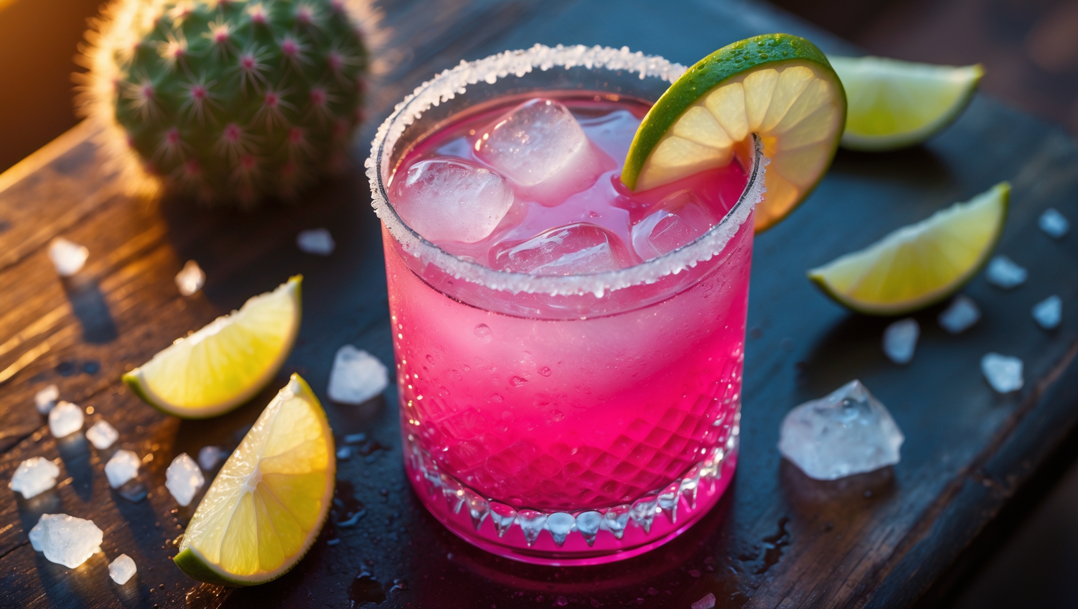 An overhead shot of a brilliant fuchsia-pink Cactus Cooler cocktail served in a rocks glass with hand-cut clear ice. Golden hour lighting creates a warm glow that highlights the vibrant color gradient where prickly pear syrup meets tequila. A salt and tajin rim crystallizes around the edge, while a thin slice of lime and prickly pear perch on the rim as garnish. Condensation beads form on the outside of the glass, suggesting refreshing coolness against a rustic wooden bar top scattered with lime wedges and a few grains of salt.