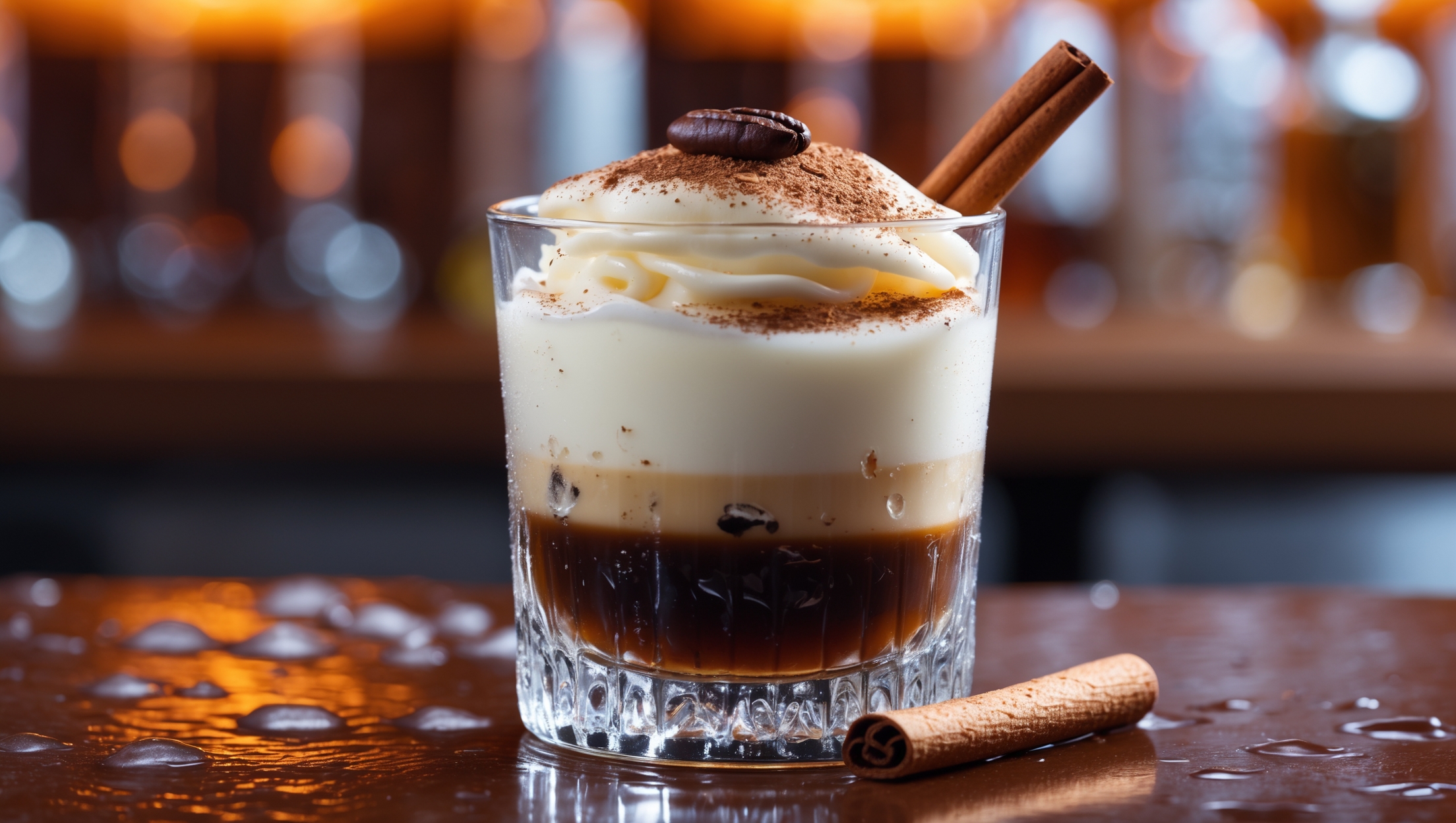A close-up shot of a Café Amaretto in a crystal-clear rocks glass, showcasing distinct layers of dark coffee liqueur and cream crowned with a light dusting of cocoa powder. The lighting is warm and intimate, resembling the amber glow of a sophisticated cocktail lounge. Ice cubes glisten as they slowly melt, with condensation forming on the exterior of the glass. A whole coffee bean garnish rests on top of the cream, while a cinnamon stick leans against the rim, providing texture contrast. The cocktail sits atop a polished wooden bar surface with soft focus bar bottles in the background, creating depth and context.