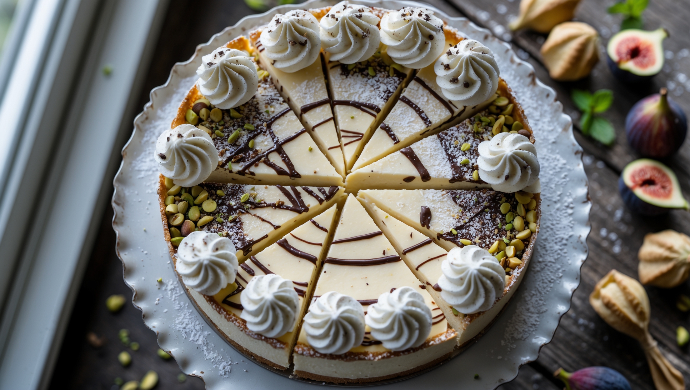 An overhead shot of a perfectly sliced cannoli cheesecake on a vintage white cake stand, illuminated by soft natural light streaming through nearby windows. The cross-section reveals distinct layers: a golden cannoli shell crust, a velvety cheesecake center speckled with mini chocolate chips, and a crown of sweetened ricotta cream piped in decorative swirls. The cake is dusted with powdered sugar that catches the light, while several broken cannoli shells and scattered pistachios frame the composition. Dark chocolate drizzle creates elegant patterns across the top, emphasizing the dessert's indulgent nature against the backdrop of a rustic wooden table adorned with fresh figs and sprigs of mint.