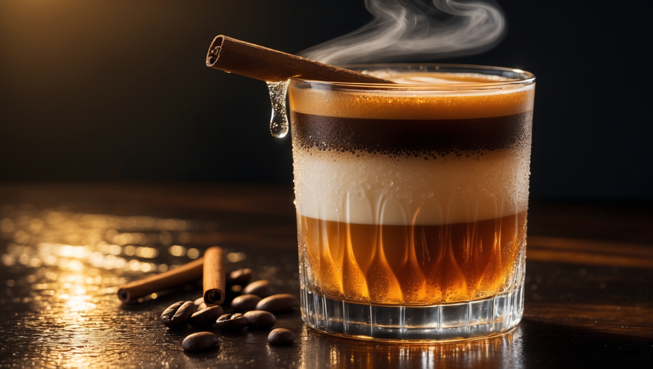 A close-up shot of the layered Carajillo in a clear rocks glass, showcasing the dramatic contrast between the dark espresso top layer and the golden-amber Licor 43 beneath. Golden-hour lighting accentuates the drink's warm tones while highlighting the delicate crema that caps the espresso. Beads of condensation cling to the outside of the glass, signaling the drink's refreshing temperature. A cinnamon stick and coffee bean garnish rest elegantly on the glass rim, with theatrical wisps of steam rising from the warm surface, all set against a dark wooden bar top that reflects subtle highlights.