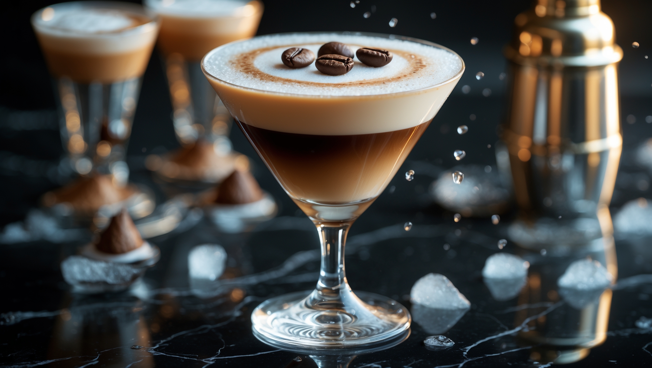 An elegant martini glass showcases a two-toned cappuccino martini against dark marble. Golden-hour lighting accentuates the luxurious layers - a rich coffee-colored base topped with a silky cream foam. Three coffee beans rest artfully atop the foam, their oils glistening under soft lighting. Ice crystals form on the perfectly chilled glass, while droplets of condensation highlight the drink's refreshing temperature. The background features intentionally blurred espresso cups and a vintage cocktail shaker, hinting at the coffee-bar-meets-cocktail-lounge experience.
