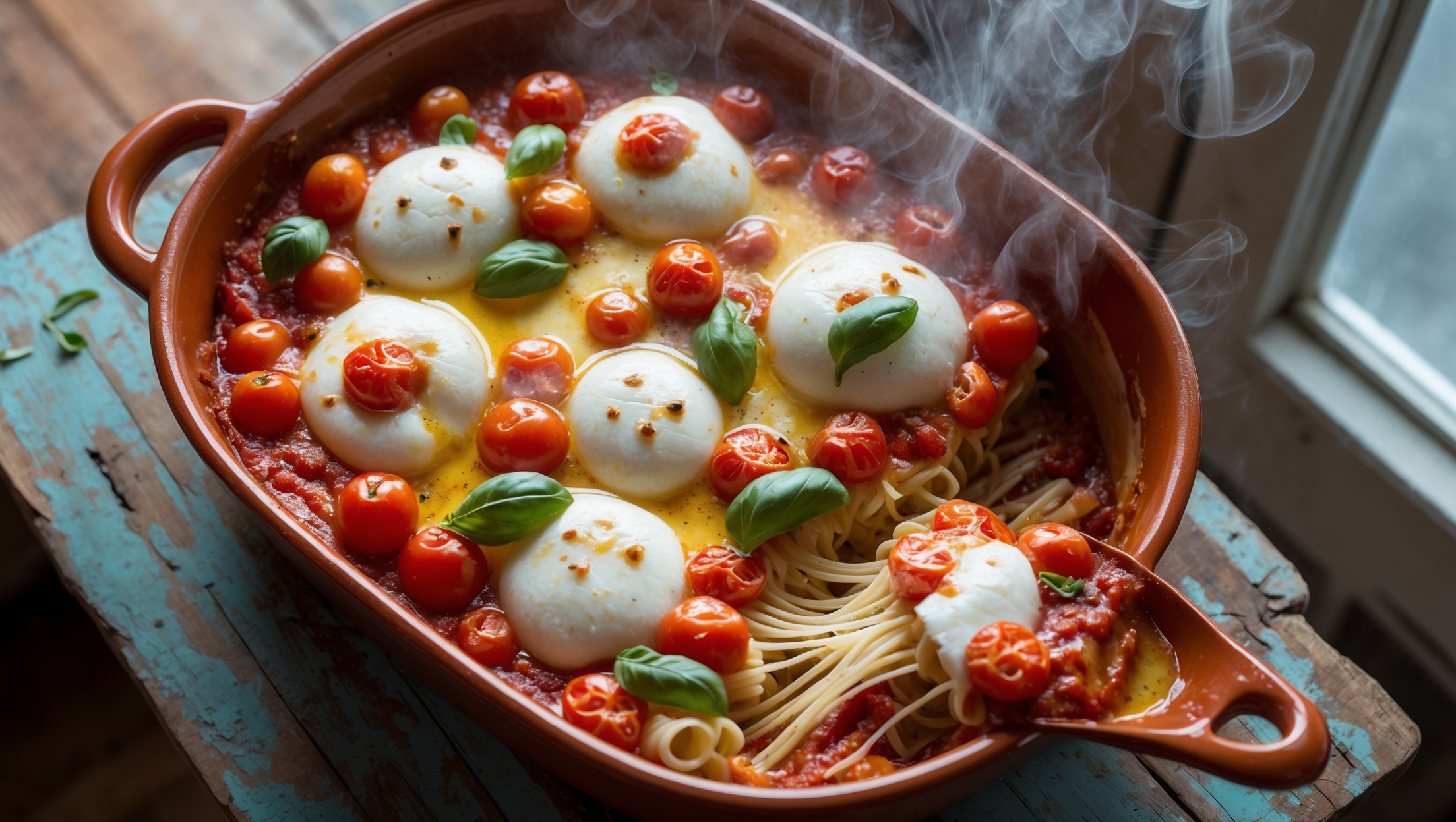 An overhead shot of a bubbling Caprese Pasta Bake in a rustic terracotta baking dish, fresh from the oven. The surface showcases perfectly melted mozzarella with golden-brown spots, vibrant cherry tomatoes bursting through the cheese, and flecks of bright green basil. Steam rises gently as the dish sits on a weathered wooden table, with olive oil creating glistening pools atop the cheese. A cross-section view reveals al dente pasta tubes capturing pockets of rich tomato sauce and strands of melted cheese stretching upward as a portion is lifted away. Soft natural light streams in from a nearby window, highlighting the contrast between the red tomatoes, white cheese, and green basil – the classic Caprese color palette.