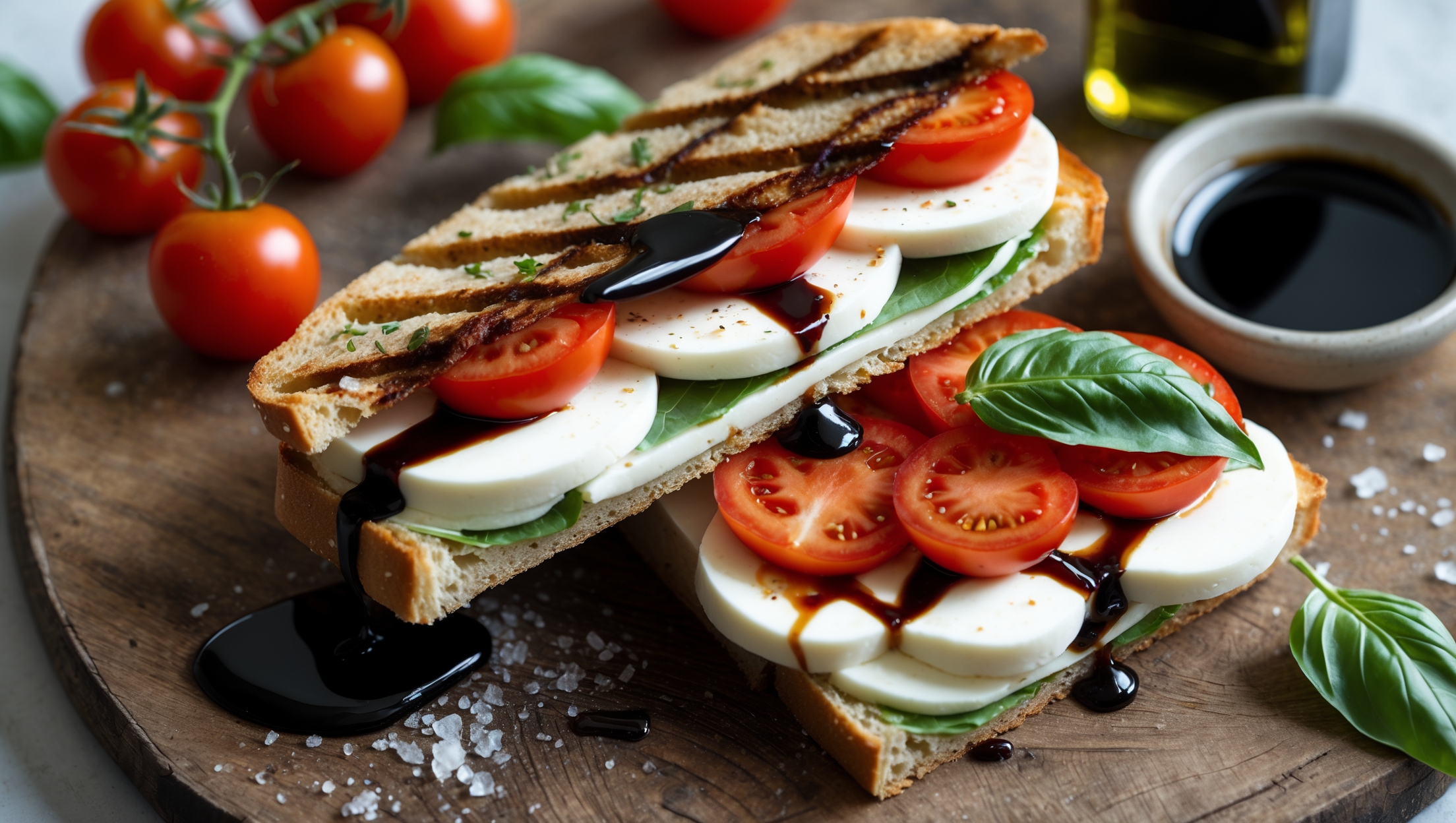 An overhead shot of a Caprese sandwich, cut diagonally to reveal the layered interior on a rustic wooden board. Soft natural light highlights the contrast between the vibrant red tomatoes, ivory mozzarella slices, and deep green basil leaves. The focaccia bread has a golden crust with visible herbs and a light dusting of sea salt crystals. A drizzle of deep brown balsamic glaze creates artistic patterns across the elements, with a small dish of extra glaze and a scatter of fresh basil leaves alongside. The sandwich is styled with a few cherry tomatoes still on the vine and a small bottle of olive oil in the background, creating a casual Mediterranean atmosphere.