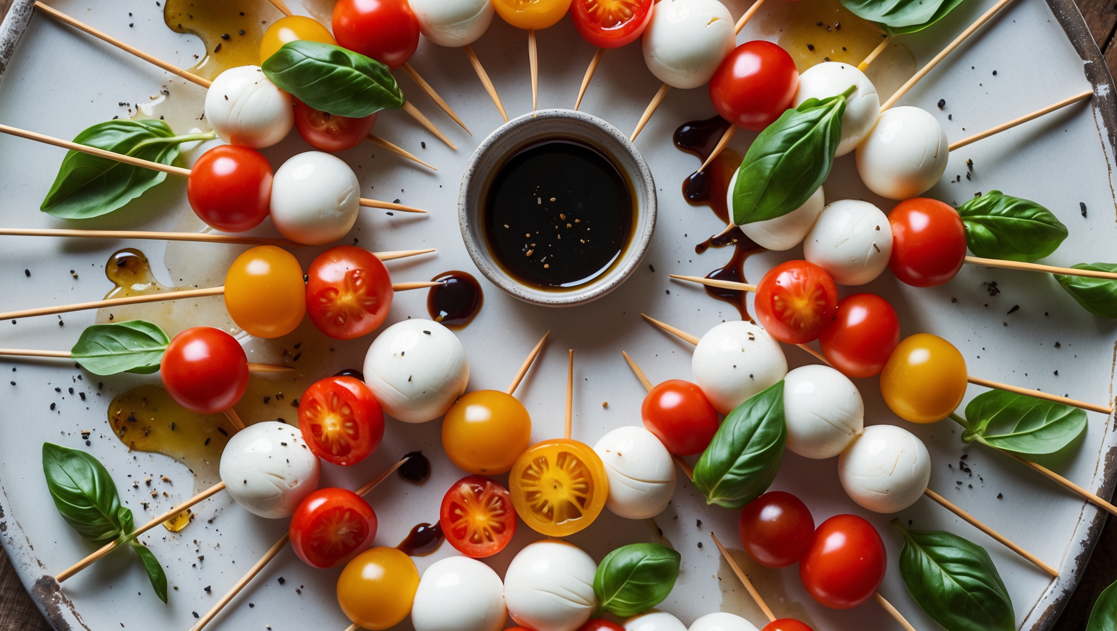 An overhead shot of wooden skewers artfully arranged in a circular pattern on a rustic white ceramic platter. Each skewer alternates between glistening pearl mozzarella balls, halved cherry tomatoes in vibrant reds and yellows, and glossy green basil leaves. A small ramekin of deep amber balsamic glaze sits at the center, with a few drops artfully drizzled across select skewers. The scene is captured in bright natural light, highlighting the contrast between the creamy white cheese, jewel-toned tomatoes, and verdant basil. Fresh basil sprigs and a scattering of cracked black pepper decorate the edges of the platter, with a hint of extra virgin olive oil creating a subtle sheen across the ingredients.
