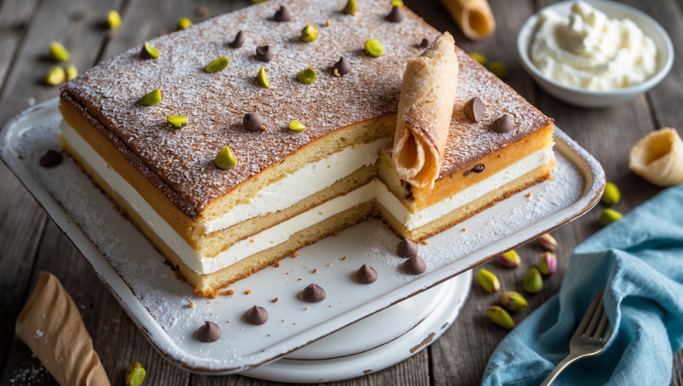 An overhead shot of a perfectly rectangular Cannoli Sheet Cake on a vintage white cake stand, with one corner slice removed to reveal the creamy ricotta filling between golden cake layers. Soft natural light cascades across the cake's surface, highlighting the dusting of powdered sugar and scattered mini chocolate chips. The cut slice showcases the distinct layers—tender vanilla cake and rich ricotta cream—while a cannoli shell garnish adds authentic charm. The background features scattered pistachios and a small bowl of additional ricotta cream, all arranged on a rustic wooden table with a blue linen napkin adding a pop of color.