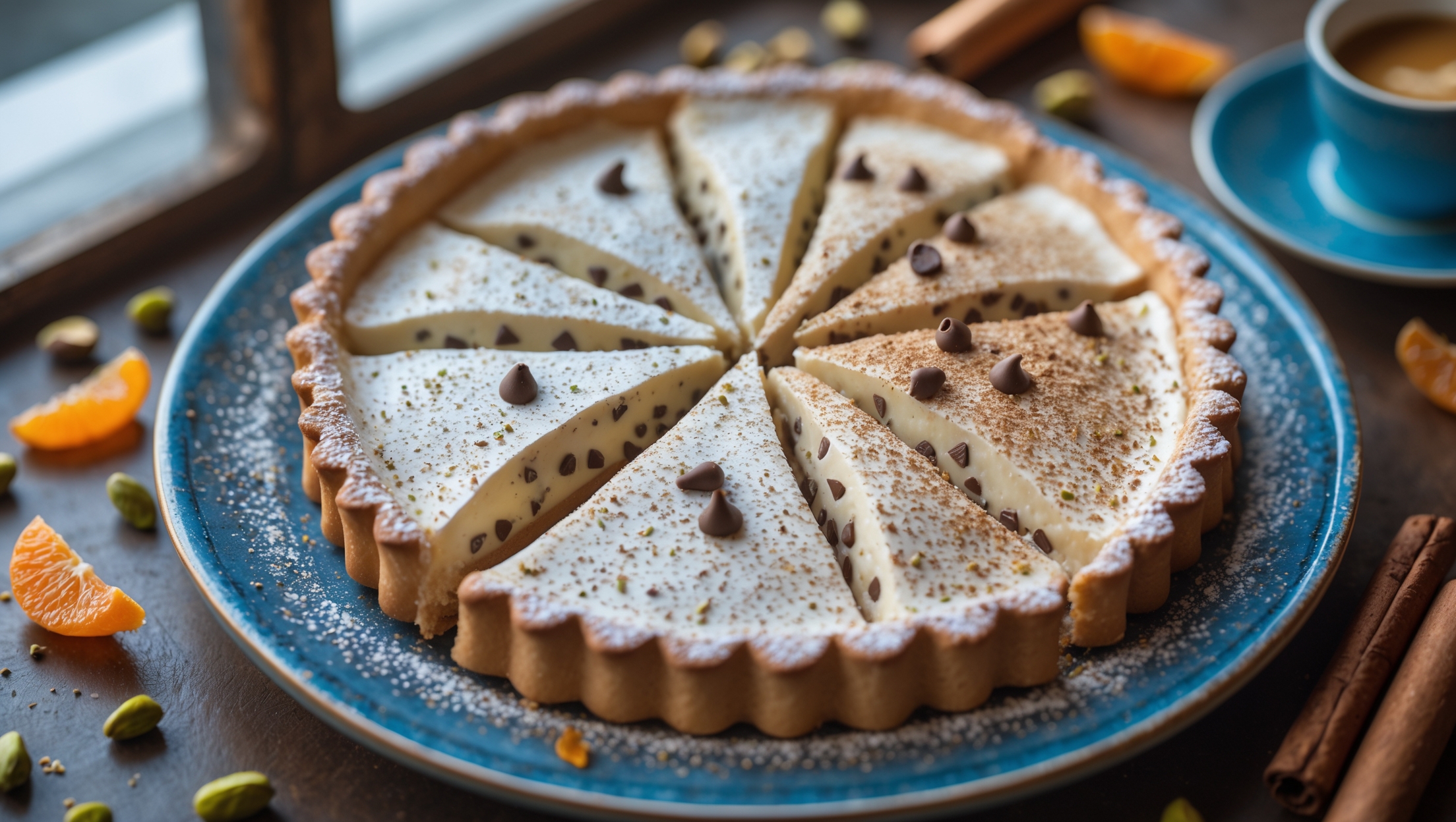 Overhead shot of a perfectly sliced cannoli cream pie revealing its creamy, speckled filling studded with mini chocolate chips, set against a vintage blue ceramic plate. Natural window light casts a soft glow across the pie's surface, highlighting the dusting of powdered sugar that contrasts with the golden-brown pastry crust. Scattered pistachios and candied orange peel around the plate add vibrant color, while a small copper cannoli tube and cinnamon stick suggest the dessert's Italian heritage. A shallow depth of field focuses on the slice's velvety texture while gently blurring the background, where an espresso cup hints at the perfect pairing.
