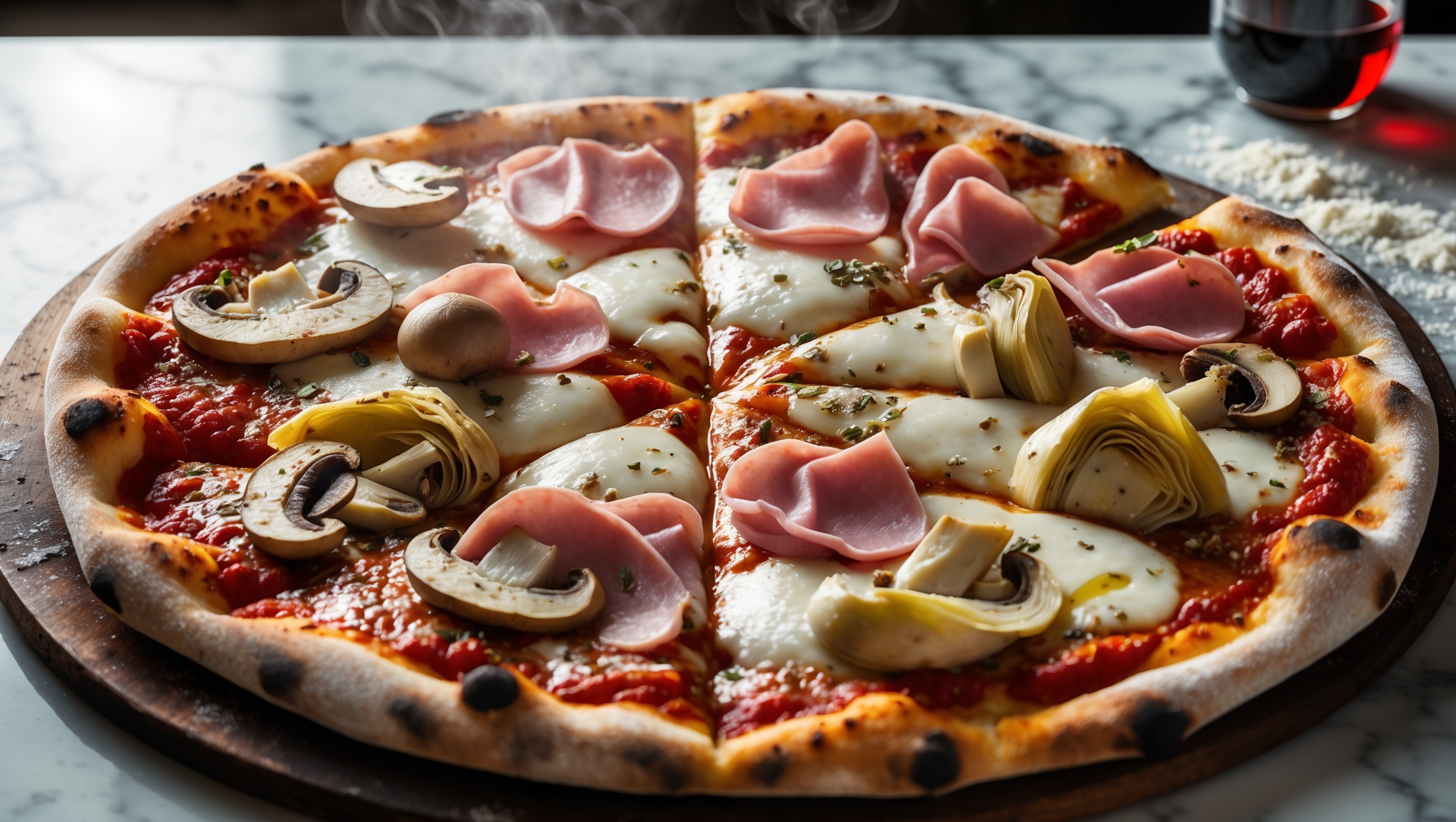 An overhead shot of a perfectly baked Capricciosa pizza on a rustic wooden pizza peel, captured in warm natural light that highlights the golden-brown crust with its signature charred bubbles. The toppings are arranged in distinct sections showcasing vibrant red tomato sauce, melted mozzarella pools with subtle browning, earthy mushroom slices, pink-hued ham, and tender artichoke hearts. Steam rises gently from the hot surface, while scattered flecks of oregano and a drizzle of olive oil add glossy finishing touches. In the background, a glass of red wine and scattered flour on a marble countertop complete the authentic Italian pizzeria atmosphere.