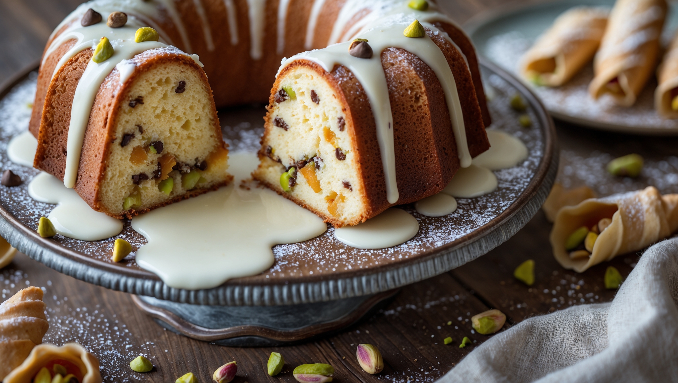 An elegant cross-section view of a golden-brown Cannoli Bundt Cake on a vintage cake stand, showcasing its delicate, moist crumb studded with mini chocolate chips throughout. Soft natural light highlights the cascading vanilla glaze that drips down the cake's signature ridges, pooling slightly on the antique ceramic plate beneath. Close-up details reveal the cannoli-inspired filling, with bits of candied orange peel and pistachios adding vibrant color contrast. The scene is styled with scattered pistachios, a dusting of powdered sugar, and a few whole cannoli shells leaning against the cake, while a rustic wooden table and a folded linen napkin complete the warm, Italian-inspired setting.
