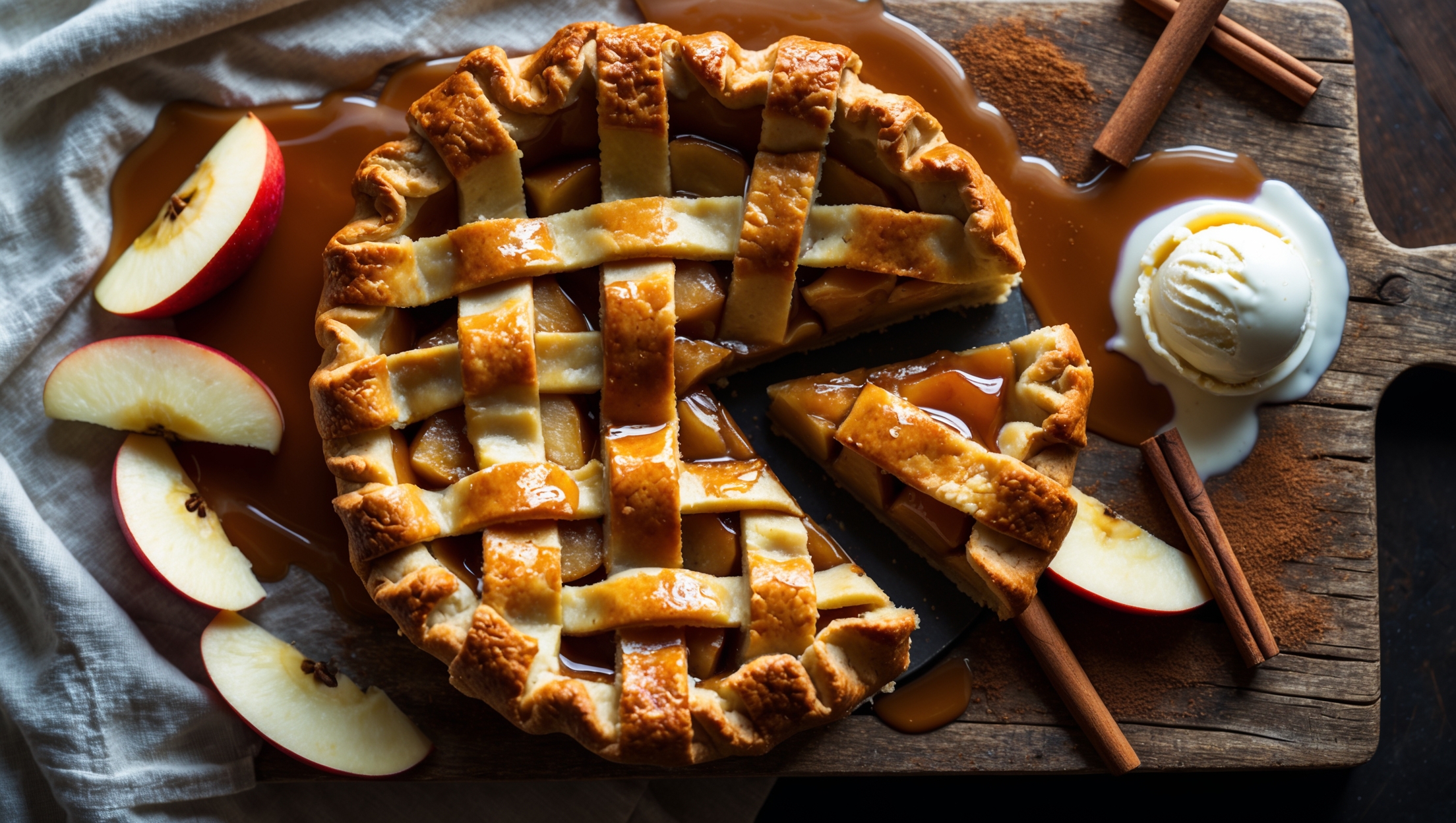 An overhead shot of a golden-brown caramel apple pie with a lattice top crust, where bubbling caramel peeks through the woven strips. A slice has been removed, revealing layers of tender apples glistening with amber caramel sauce. The pie rests on a weathered wooden board, dusted with cinnamon and scattered with fresh apple slices and cinnamon sticks. Soft natural light accentuates the flaky layers of the crust and highlights the caramelized edges where the filling has bubbled over slightly. A scoop of vanilla ice cream melts slowly beside the warm slice, creating a beautiful contrast against the rich caramel tones.