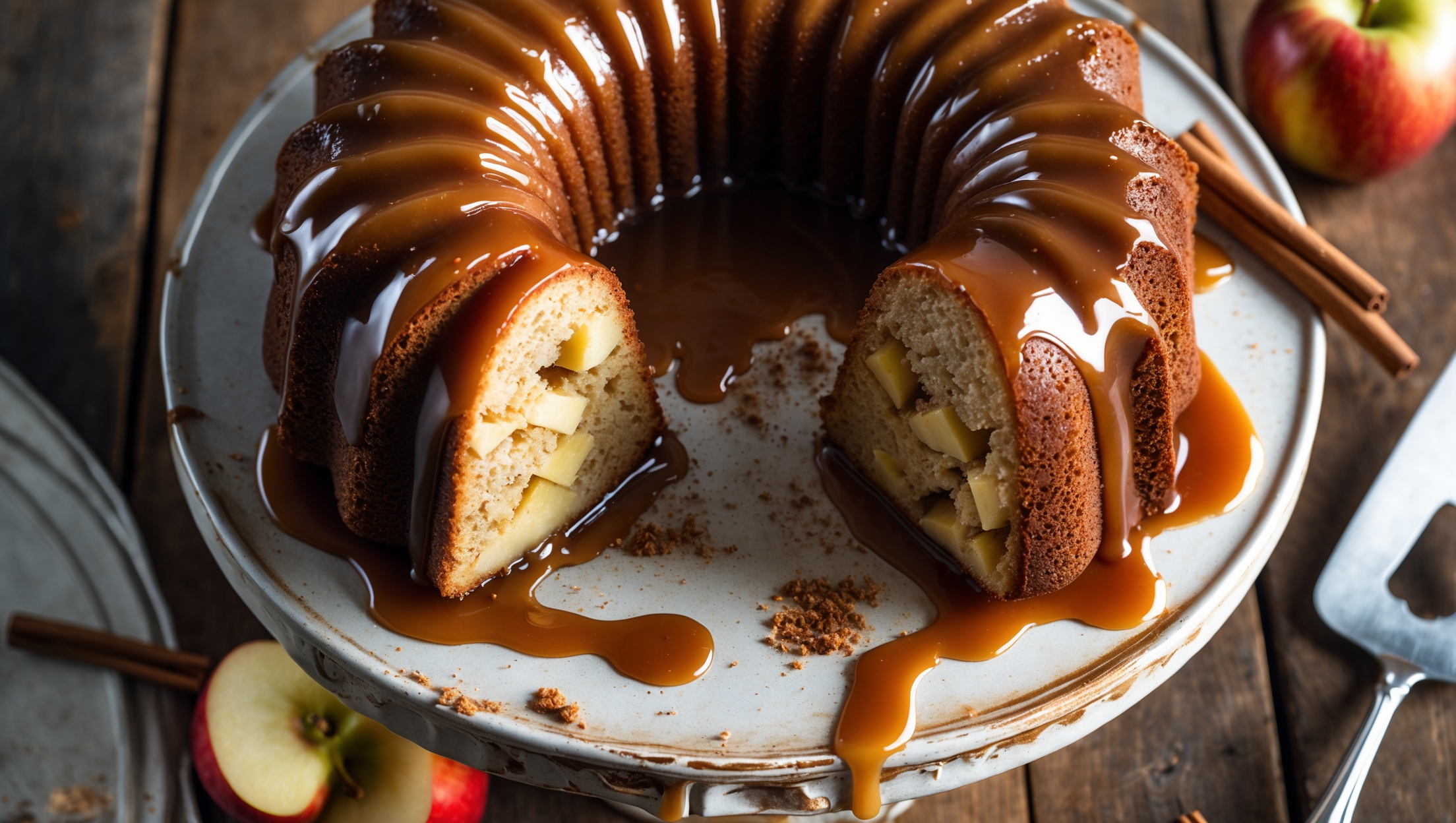 An overhead shot of a golden-brown bundt cake with deep ridges, glistening with thick caramel sauce that pools elegantly around its base on a vintage ironstone cake stand. A cross-section reveals soft apple chunks scattered throughout the tender crumb, while cinnamon and nutmeg speckle the interior. The warm afternoon light highlights the glossy, amber-colored caramel as it drips down the cake's curves, with a few sliced fresh apples and cinnamon sticks artfully arranged alongside. A silver cake server rests nearby on the rustic wooden table, ready to cut into this autumn-inspired dessert that combines the comfort of spice cake with the indulgence of caramel apples.