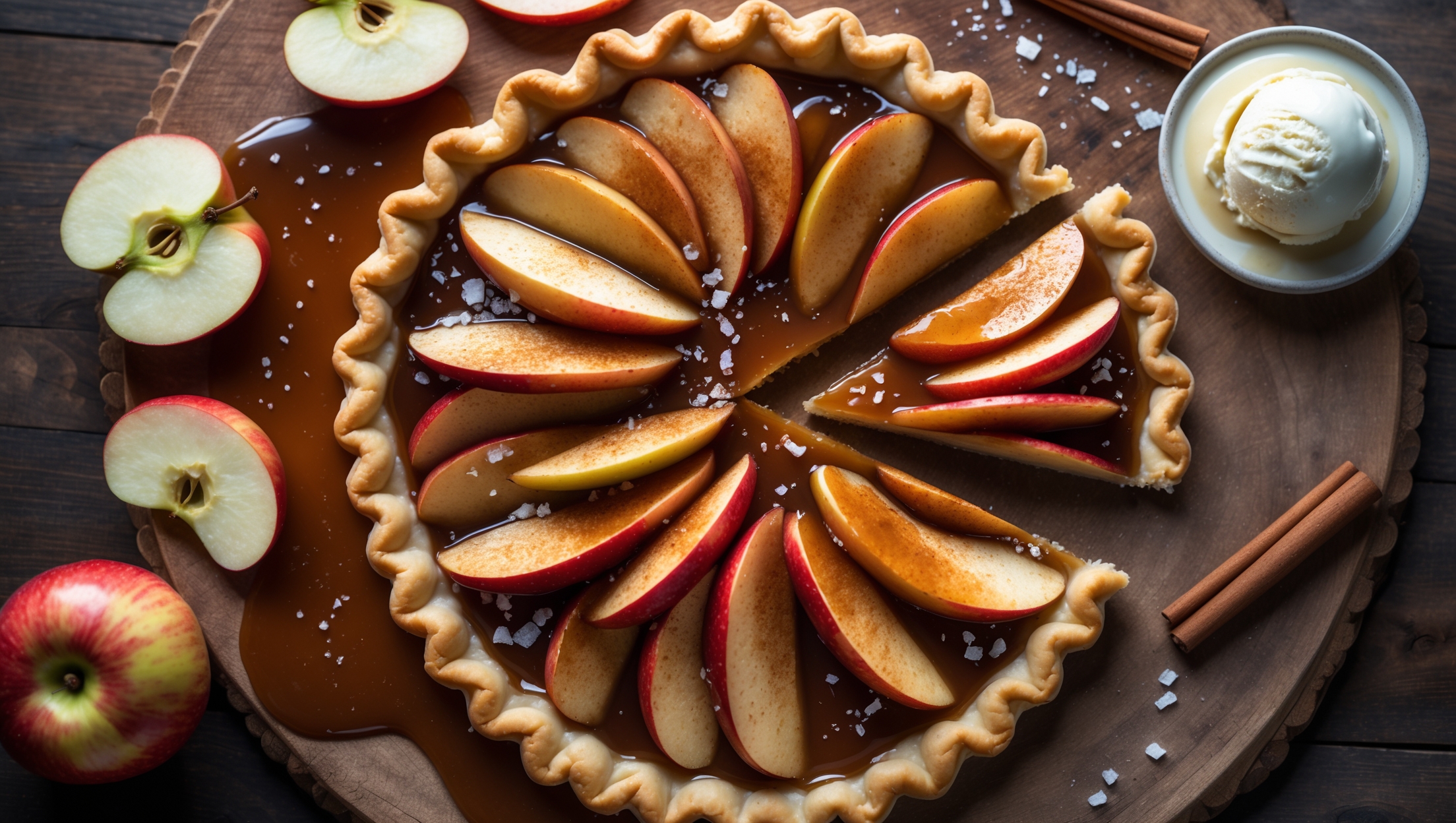 An overhead shot of a golden-brown tart with a perfectly crimped edge, sliced to reveal layers of tender cinnamon-spiced apples arranged in an elegant pattern. A glossy caramel sauce cascades over the apples, catching the soft natural light that highlights its amber hue. Tiny flakes of sea salt sparkle atop the caramel, while a scoop of vanilla ice cream slowly melts alongside one slice. The tart rests on a rustic wooden serving board with a few fresh apple slices and cinnamon sticks artfully scattered nearby, creating a warm autumnal scene that emphasizes the tart's homemade quality and seasonal ingredients.