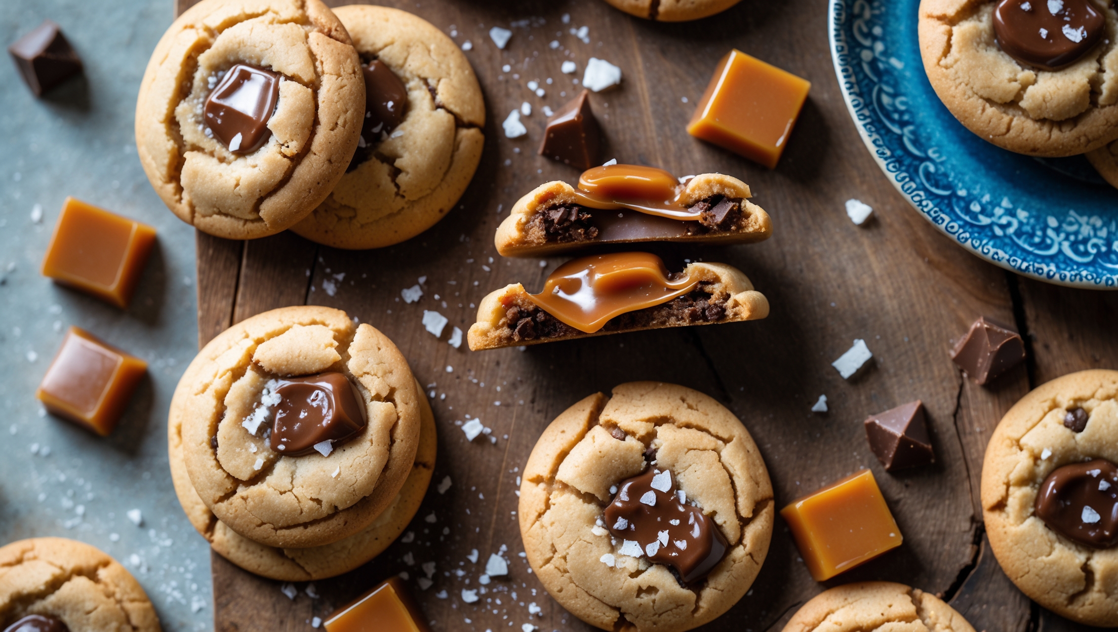 An overhead shot of perfectly round caramel chocolate chip cookies arranged on a rustic wooden board, with a few broken open to reveal molten chocolate chunks and glossy caramel ribbons inside. The cookies are photographed in soft natural light that highlights their golden-brown edges and slightly crackled tops. A scattering of flaky sea salt catches the light atop each cookie, while a few pieces of wrapped caramel and chocolate chunks are artfully placed around the board. A vintage blue ceramic plate holds a small stack of cookies in the corner, with one cookie showing a tempting bite mark revealing the stretchy caramel and melted chocolate inside.
