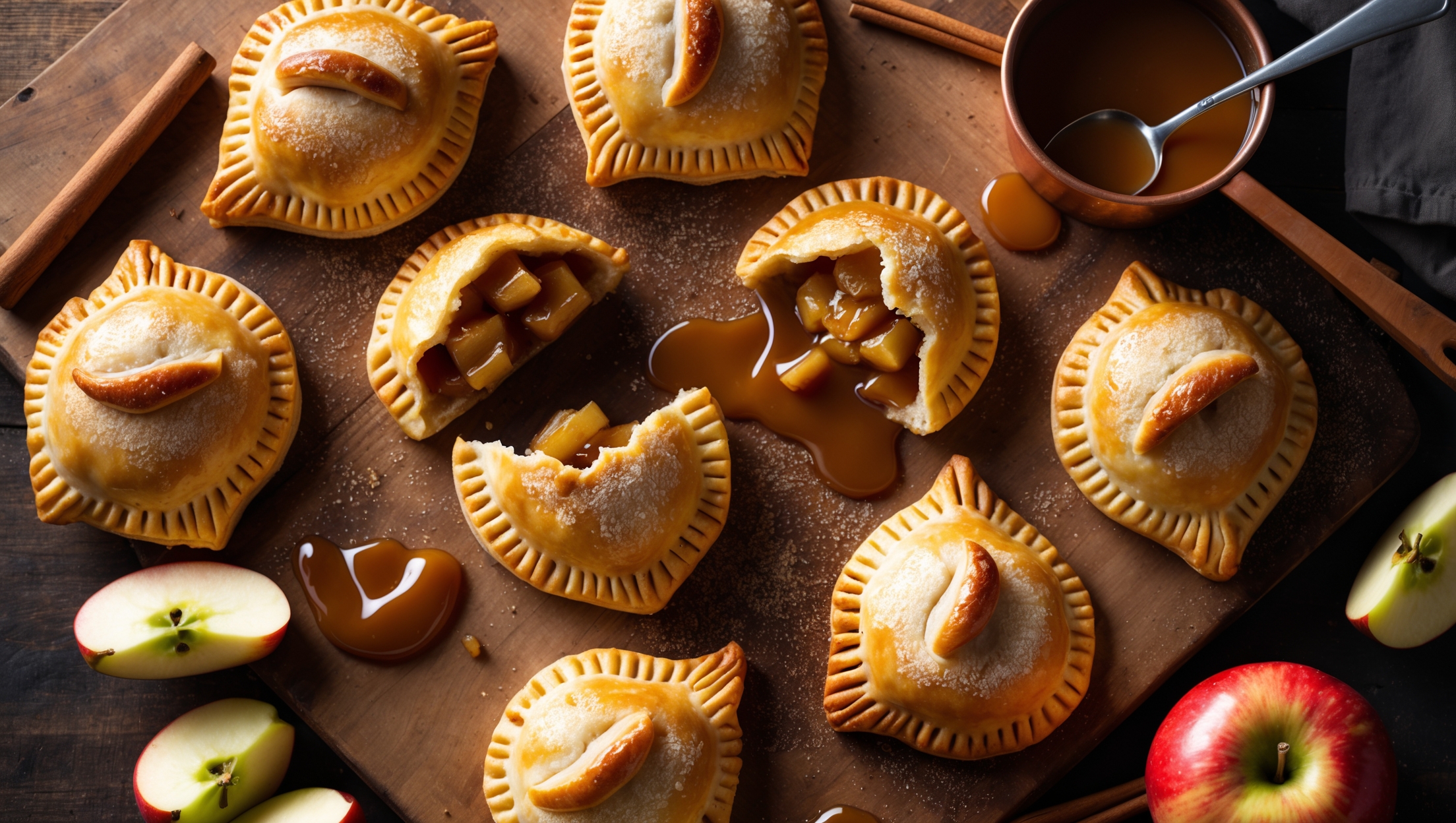 Overhead shot of golden-brown hand pies arranged on a rustic wooden board, with one broken open to reveal the glistening caramel-coated apple filling spilling out. Soft natural light highlights the flaky pastry layers and crystallized sugar topping that sparkles against the amber-hued filling. A small copper pot of extra caramel sauce sits nearby with a wooden spoon resting across it, while fresh apple slices and cinnamon sticks are artfully scattered around the composition, creating a cozy autumn feel with warm tones of caramel, gold, and deep red.