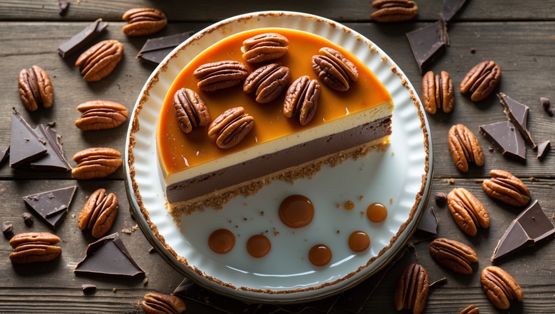 An overhead shot of a pristine slice of Caramel Chocolate Cheesecake on a white ceramic plate, showcasing its distinct layers - the dark chocolate cheesecake filling contrasting against the golden-brown biscuit base and amber caramel topping. Natural side lighting highlights the glossy sheen of the caramel and the clusters of praline pecans scattered across the surface. A cross-section reveals the smooth, dense chocolate filling while droplets of caramel cascade down the sides. The cheesecake rests on a vintage cake stand with scattered whole pecans and chocolate shards artfully arranged around the base, creating visual texture against the rustic wooden table beneath.