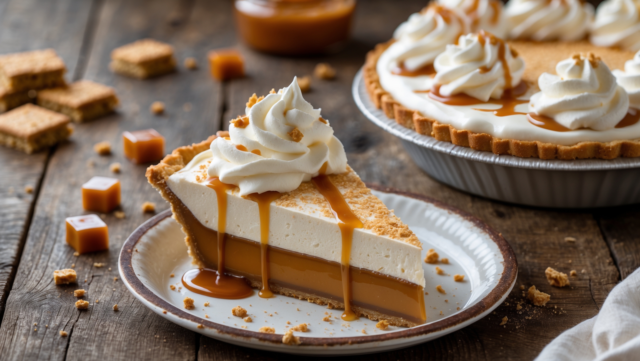 An overhead shot of a perfectly sliced caramel cream pie reveals its three distinct layers - a golden graham cracker crust, amber-hued caramel custard center, and cloud-like whipped cream topping drizzled with glossy caramel sauce. The slice rests on a vintage white ceramic plate against a rustic wooden table, with soft natural light highlighting the smooth, silky texture of the filling. In the background, a scattered arrangement of caramel pieces and graham cracker crumbs adds visual context, while a full pie with decorative caramel swirls waits nearby. The contrast between the deep golden caramel and pure white cream creates a visually striking dessert that appears both elegant and comforting.