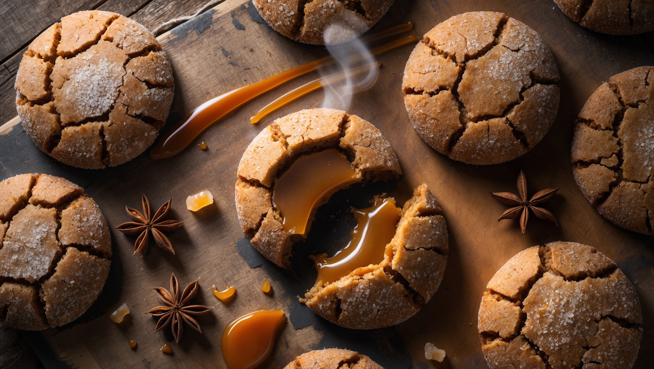 An overhead shot of rustic ginger cookies with crackly tops arranged on a weathered wooden board, with one cookie broken in half revealing a glossy caramel center oozing out dramatically. Soft natural light catches the golden-amber caramel threads stretching between the cookie halves, highlighting the contrast between the crisp exterior and gooey interior. A few crystallized ginger pieces and whole spices (cinnamon sticks, star anise) are artfully scattered around, with a warm cinnamon-toned backdrop enhancing the cookies' rich brown color and sugar-dusted surfaces. Steam gently rises from the freshly baked cookies, suggesting their warmth and aromatic spices.