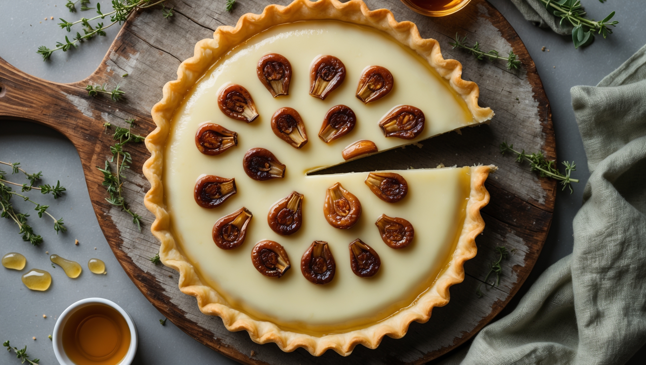 An overhead shot of the golden-brown Caramelized Garlic Tart resting on a weathered wooden serving board, with a slice being lifted to reveal the creamy filling studded with amber-colored caramelized garlic cloves. Soft natural light highlights the flaky pastry edge and the subtle sheen of the custard filling. Scattered fresh thyme sprigs and a small bowl of honey create visual interest around the tart, while a rustic linen napkin in muted sage adds texture to the composition. The contrast between the rich golden crust, ivory-colored filling, and dark amber garlic creates a mouthwatering visual that emphasizes the tart's rustic elegance.