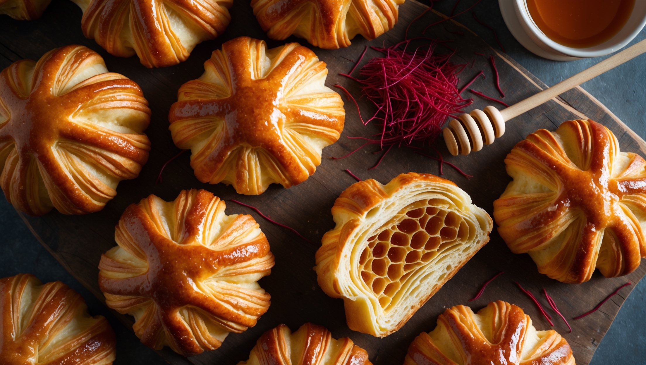 An overhead shot of golden-brown Kouign-Amann pastries arranged on a rustic wooden board, their caramelized tops glistening in soft natural light. A cross-section view reveals dozens of delicate, honeycomb-like layers with amber honey threads running throughout the butter-enriched dough. Vibrant crimson saffron threads are scattered artfully around the display, contrasting with the deep golden pastries. A small pot of honey with a wooden dipper sits alongside the scene, with one pastry torn open to showcase the interior's flaky texture and distinctive yellow-orange hue from the saffron infusion.