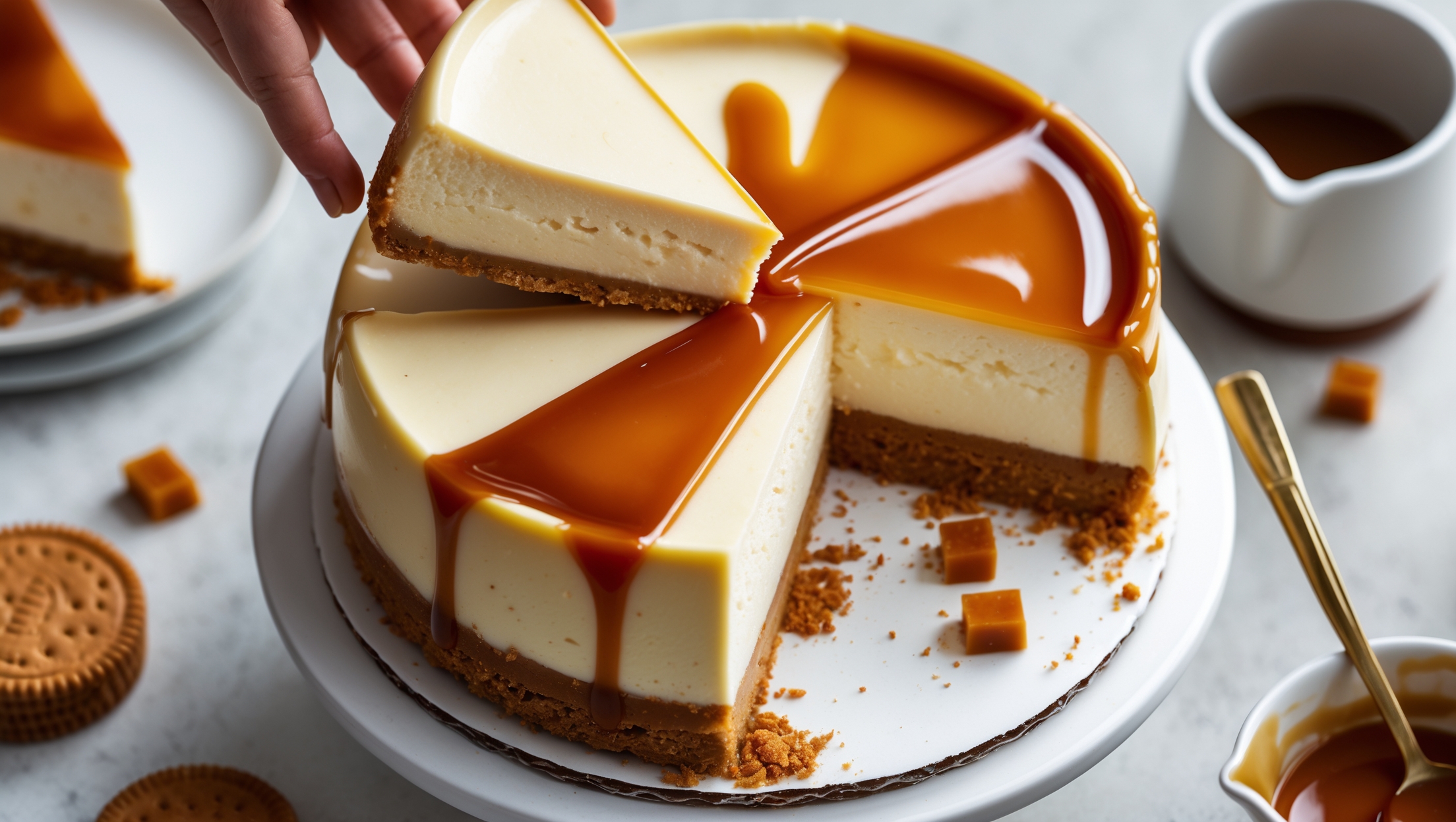 An overhead shot of a perfectly set caramel cheesecake with a glossy amber-colored caramel layer cascading slightly over the edges. The cross-section reveals three distinct layers: a golden-brown biscuit base, a creamy pale vanilla cheesecake center, and the glistening caramel topping. Captured in soft natural light on a white ceramic cake stand, with a slice being pulled away to show the silky texture. Scattered around the base are a few whole digestive biscuits and caramel pieces, while a small jug of extra caramel sauce sits nearby, ready to be drizzled. The caramel's rich amber tones contrast beautifully with the pale cream cheese filling, highlighting the decadent nature of this classic dessert.