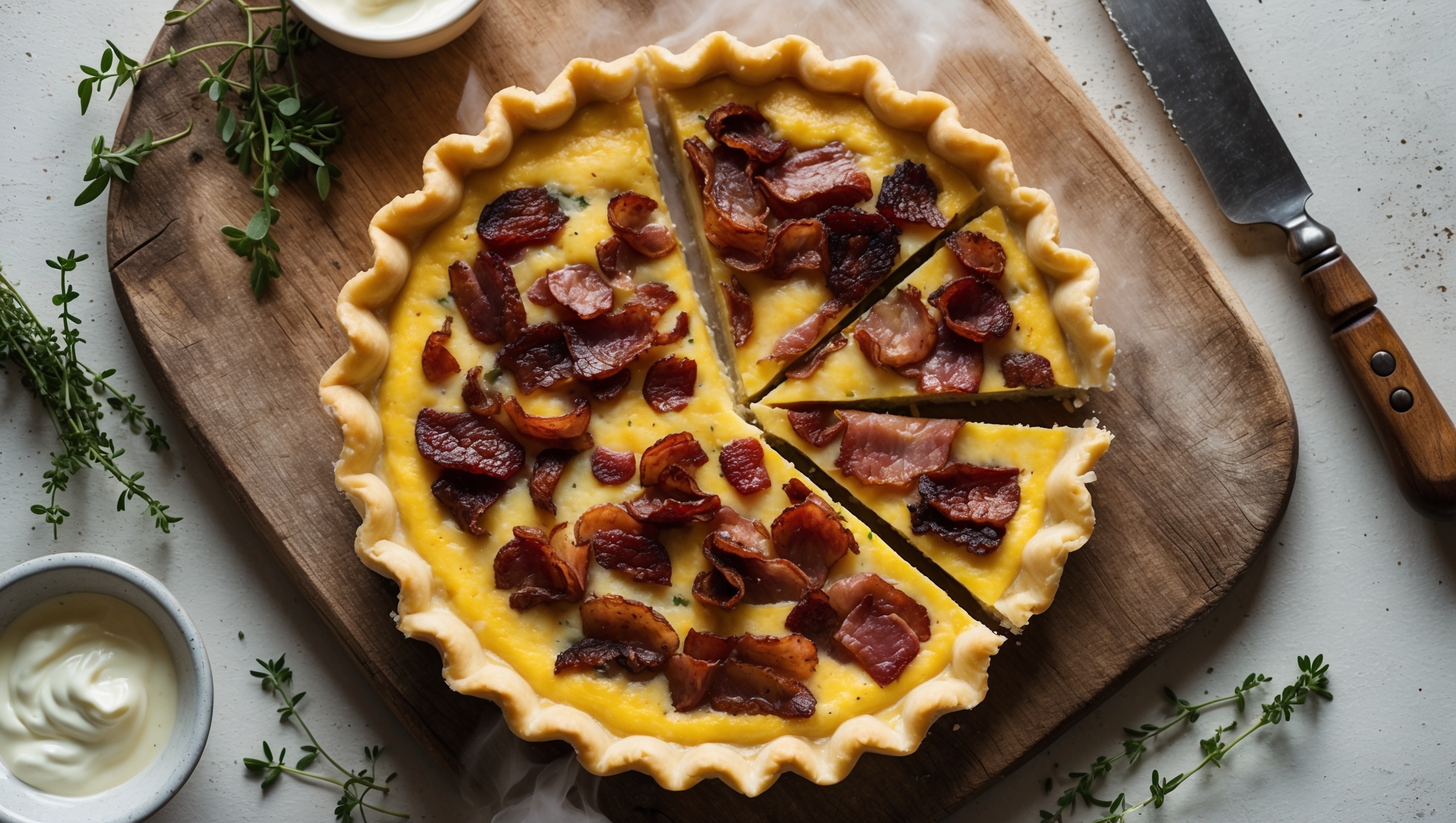 An overhead shot of a golden-brown quiche with a perfectly fluted crust edge, sliced to reveal its rich, custard interior studded with caramelized onions and bacon pieces. The cross-section captures the distinct layers - the flaky butter pastry, deep amber caramelized onions, and smoky bacon suspended in the creamy egg filling. Photographed in soft natural light on a rustic wooden board with sprigs of fresh thyme scattered alongside, a small bowl of crème fraîche, and a vintage serving knife. Steam gently rises from the freshly-cut piece, emphasizing the quiche's warm, inviting nature while highlighting the contrast between the deep caramel tones of the onions and the pinkish-brown bacon pieces.