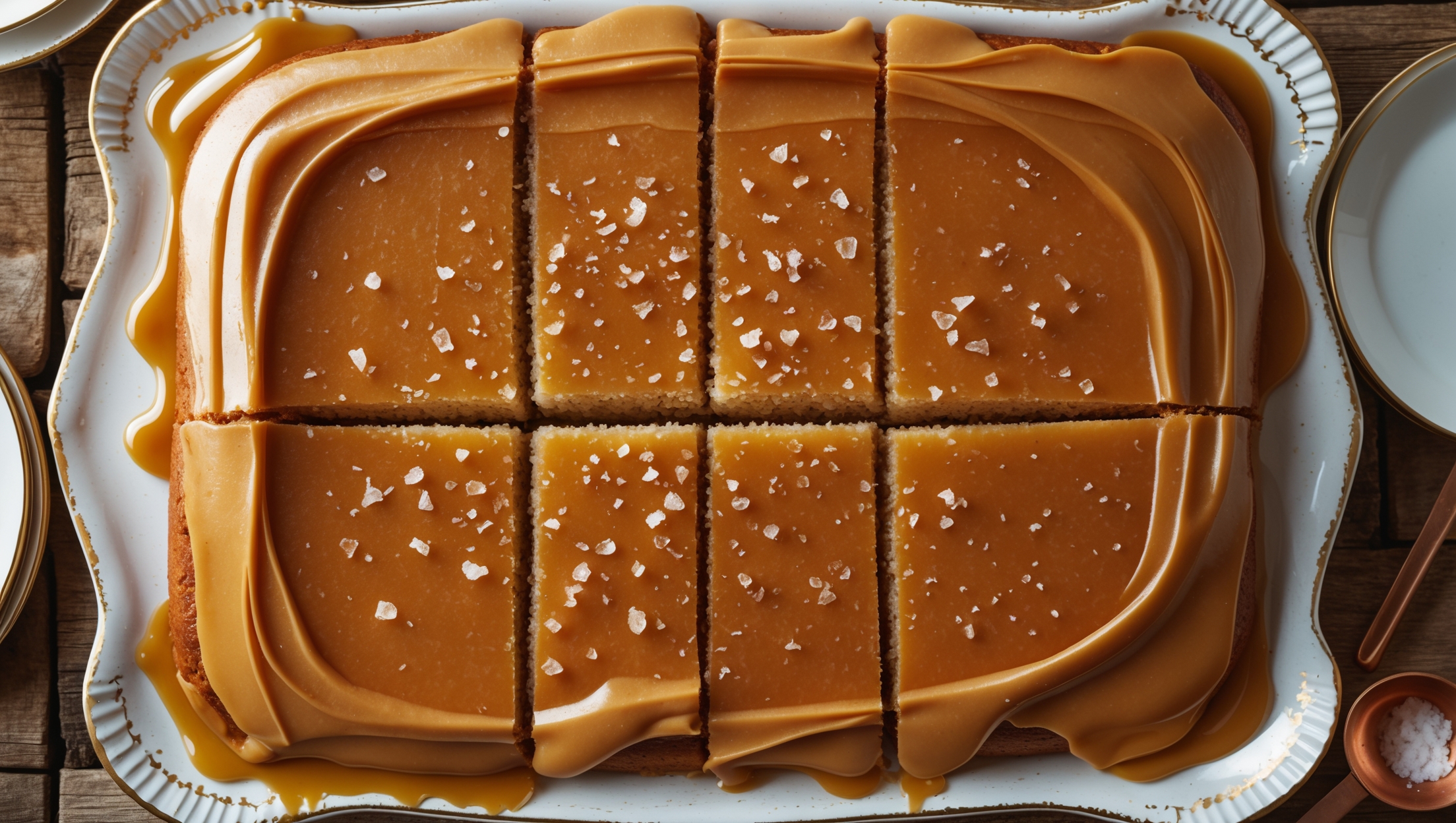 Overhead shot of a golden-brown caramel sheet cake with a glossy, amber-toned frosting that pools slightly at the edges, captured in warm natural light. The surface shows delicate ripples where a serrated knife has cut perfect squares, revealing the cake's tender, fine crumb structure beneath the luscious caramel layer. A scattering of flaky sea salt catches the light atop the frosting, creating sparkling contrast against the buttery amber tones. The cake rests on a vintage white ceramic platter with gold trim, positioned on a weathered wooden table alongside small white plates and forks, with a copper measuring spoon holding extra sea salt flakes in the corner of the frame.