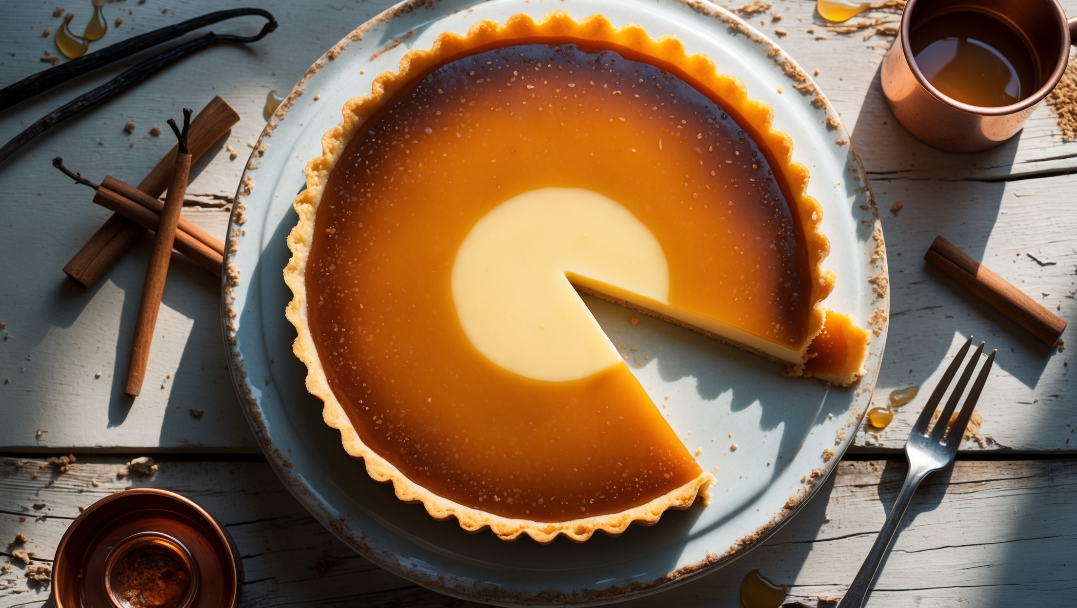 Overhead shot of a perfectly golden Caramel Custard Tart on a vintage ceramic cake stand, with one slice removed to reveal the contrast between the amber caramel top, creamy pale yellow custard center, and crisp buttery crust. Natural sidelight creates a gentle shadow that highlights the glassy, almost mirror-like caramel surface with tiny bubbles frozen in time. The surroundings feature scattered vanilla pods, cinnamon sticks, and a small copper pot with caramel residue, all arranged on a distressed wooden table. A delicate fork rests beside the tart, with a small bite of the dessert perched on it, showing all three distinct layers.
