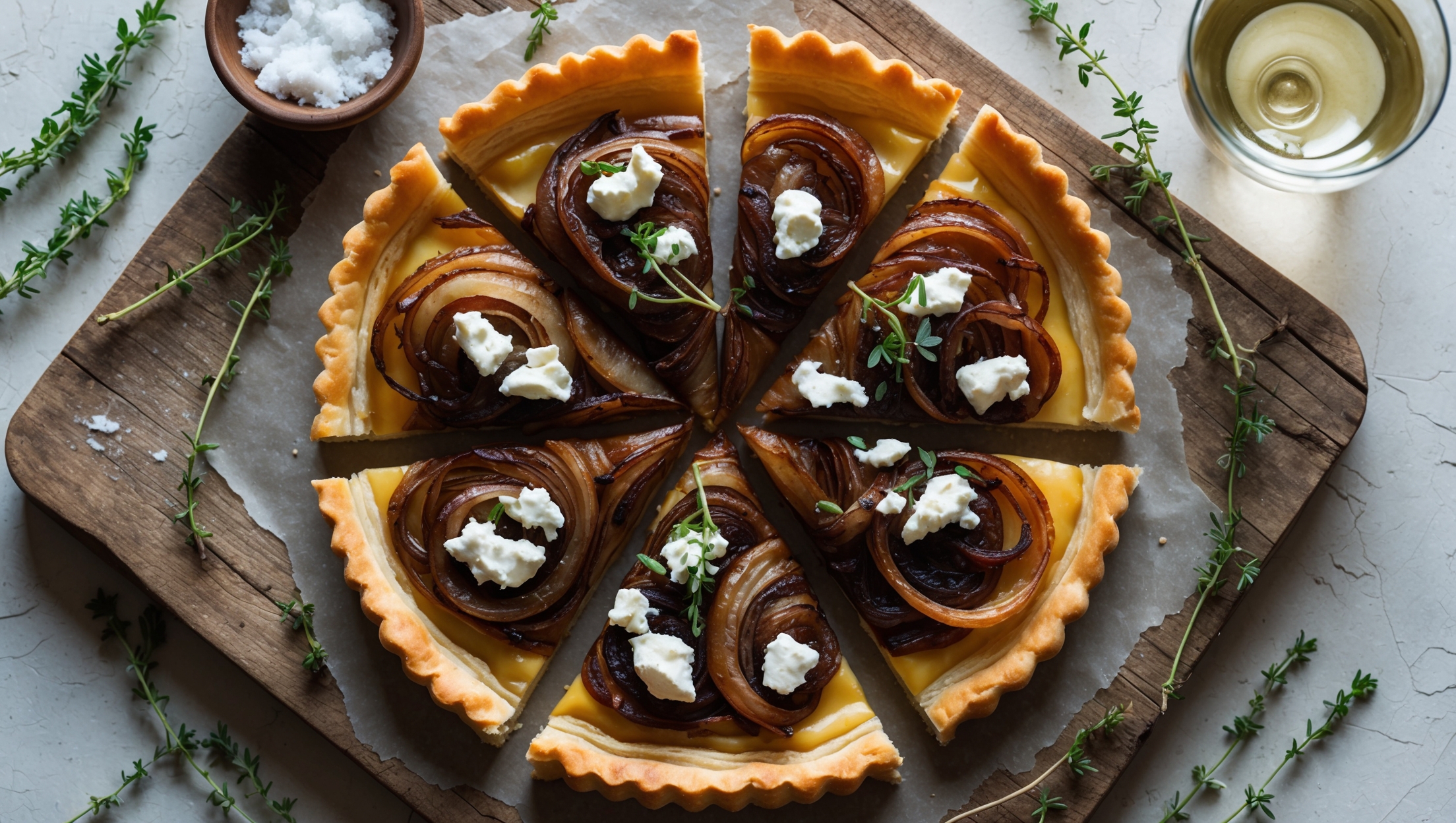 An overhead shot of a rustic Caramelized Onion Tart on a distressed wooden serving board, captured in soft natural light that highlights the golden-brown pastry edge and glistening amber onions. The tart is cut to reveal a perfect slice, showing layers of deeply caramelized onions nestled in crisp pastry with scattered sprigs of fresh thyme and crumbled goat cheese on top. Surrounding the tart are scattered fresh thyme sprigs, a small bowl of flaky sea salt, and a glass of white wine slightly out of focus, creating a sophisticated yet approachable composition that emphasizes the tart's homemade elegance.