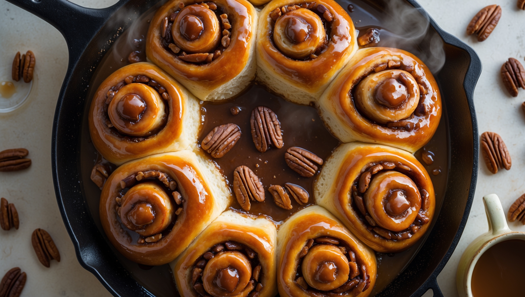 An overhead shot of a cast-iron skillet filled with golden-brown sticky buns, their surfaces glistening with amber caramel that pools around the edges. A cross-section reveals the tender spiral layers within, showcasing swirls of cinnamon-sugar between pillowy dough. Whole and chopped pecans are scattered throughout the caramel, their toasted edges contrasting with the sticky glaze. Captured in warm, natural morning light streaming through a kitchen window, the scene includes a vintage ceramic mug of coffee, a scattered handful of raw pecans, and a small pot of remaining caramel sauce. Steam rises gently from the freshly baked buns, emphasizing their warm, just-from-the-oven appeal.