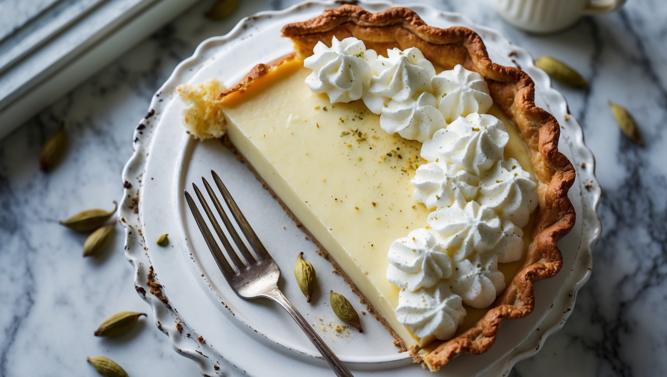 An overhead shot of a perfectly sliced wedge of Cardamom Cream Pie on a vintage white cake stand, revealing the pale golden custard speckled with tiny cardamom specks. Natural window light highlights the contrast between the crisp, golden-brown pastry crust, smooth custard filling, and cloud-like whipped cream topping dusted with a light sprinkle of ground cardamom. A small silver dessert fork rests beside the slice, with whole cardamom pods and a small pitcher of cream artfully scattered around the base of the stand on a marble surface, enhancing the pie's sophisticated yet homey appeal.