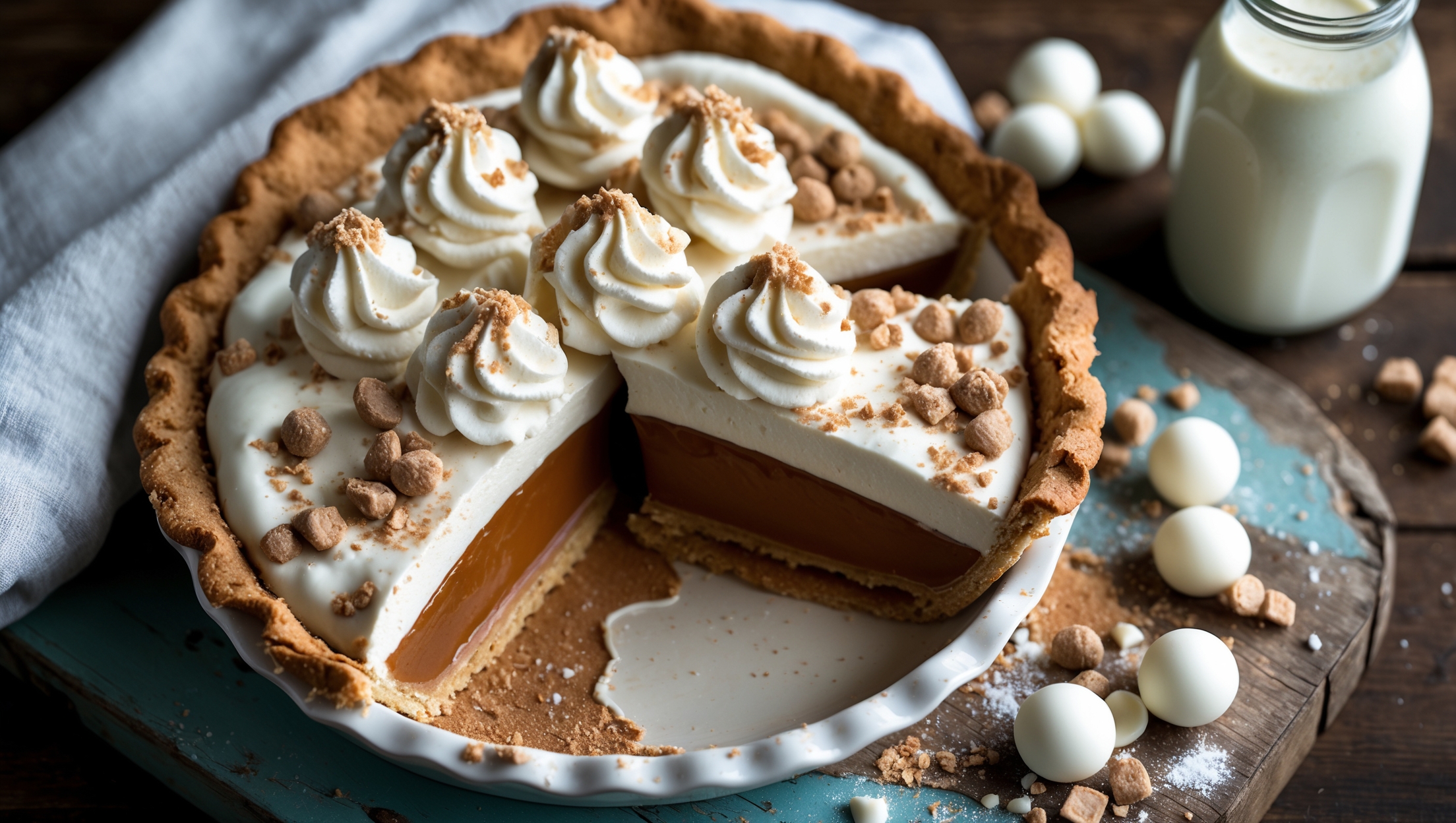An overhead shot captures a perfectly sliced wedge of pie being lifted from a rustic ceramic pie dish, revealing its distinct layers—the golden graham cracker crust, amber caramelized white chocolate filling, and cloud-like malted milk cream topping. Soft natural light highlights the smooth, glossy surface of the filling, while the dollops of cream display delicate peaks dusted with crushed malted milk balls. The pie rests on a weathered wooden board scattered with malted milk powder and white chocolate shavings, with a vintage milk bottle and whole malted milk balls artfully arranged nearby, creating a nostalgic yet sophisticated presentation.