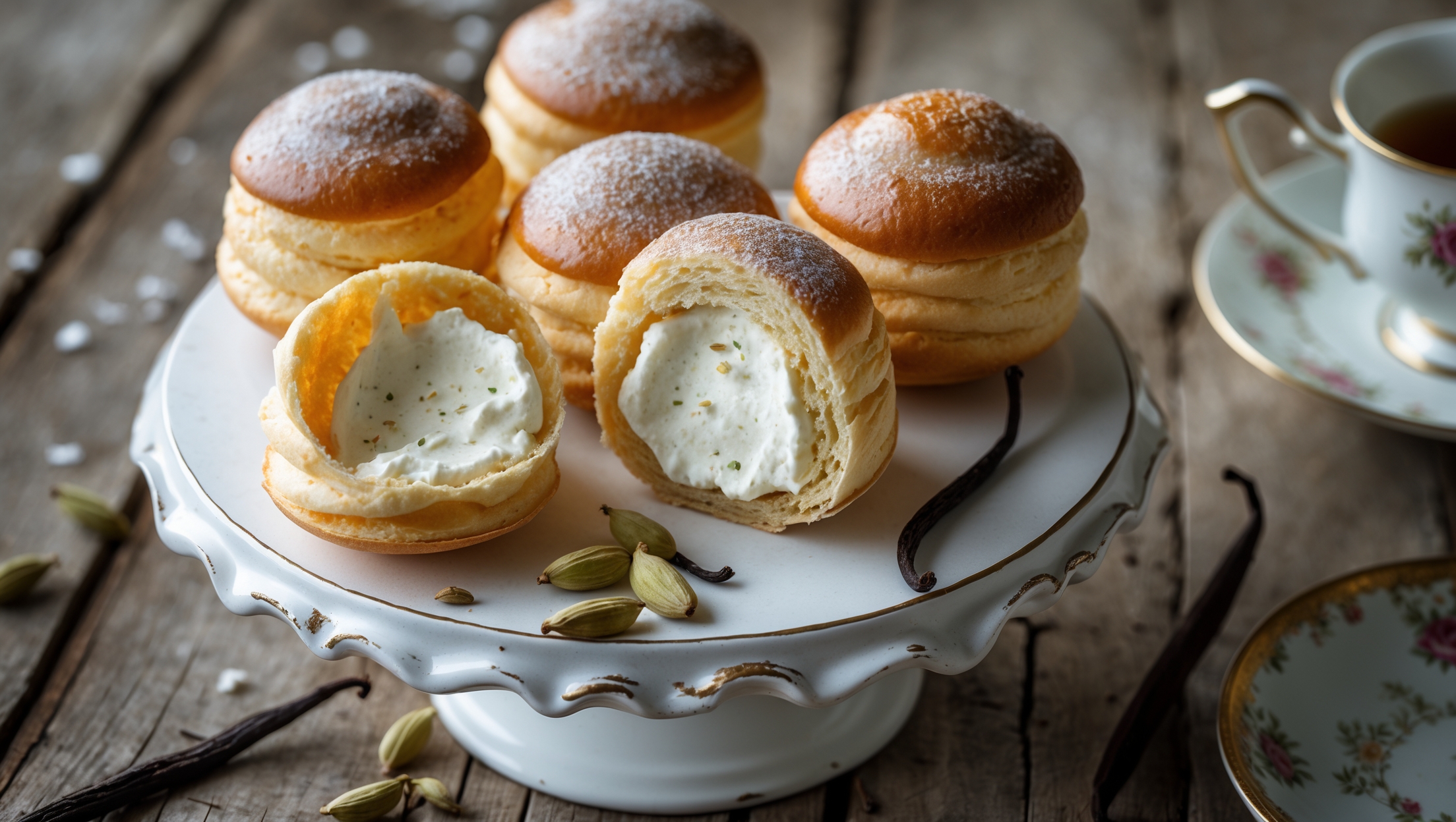 Elegant cream puffs presented on a vintage white cake stand, captured from a 45-degree angle to showcase their golden-brown shells and cream-filled centers. A cross-section view reveals the airy hollow interior filled with pale cardamom-speckled cream that contrasts against the crisp exterior. Soft natural light highlights the delicate sugar dusting on top, while intentionally scattered cardamom pods and vanilla beans create visual interest against the distressed wooden table beneath. A fine china teacup and saucer sit alongside, suggesting these puffs are perfect for an afternoon tea service.