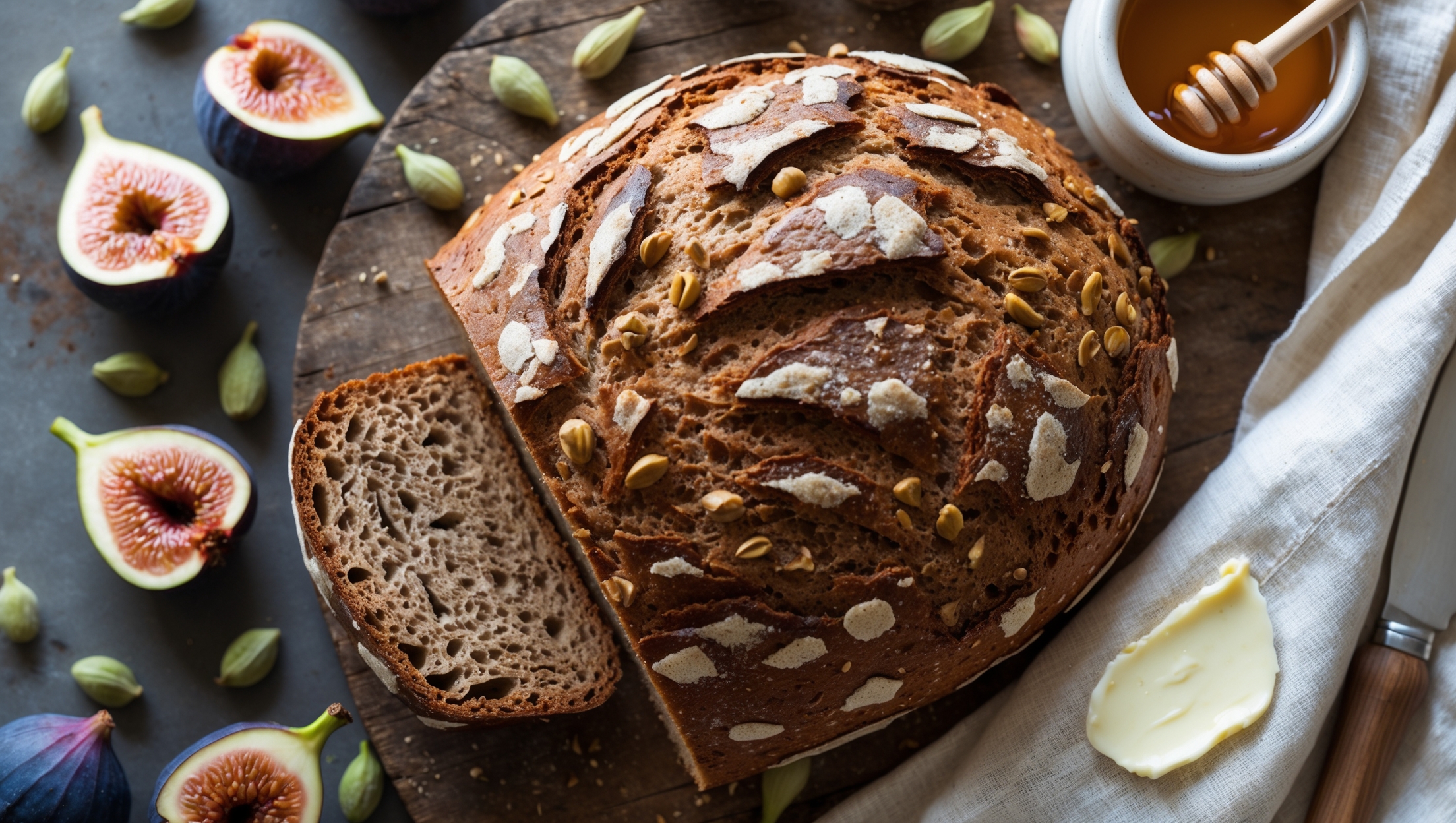 An overhead shot captures a rustic loaf of Cardamom Fig Whole Grain Bread with its beautifully cracked crust displaying a deep amber hue. A cross-section reveals the bread's hearty texture studded with plump fig pieces that glisten against the nutty whole grain background. Soft natural morning light highlights the bread's varied textures, from the crunchy crust to the tender, moist interior. The loaf rests on a weathered wooden board beside scattered whole cardamom pods, fresh figs cut open to reveal their jewel-like centers, and a small pot of honey with a wooden dipper. A linen napkin in natural cream adds warmth to the composition, while a slice spread with a thin layer of cultured butter shows the perfect serving suggestion.